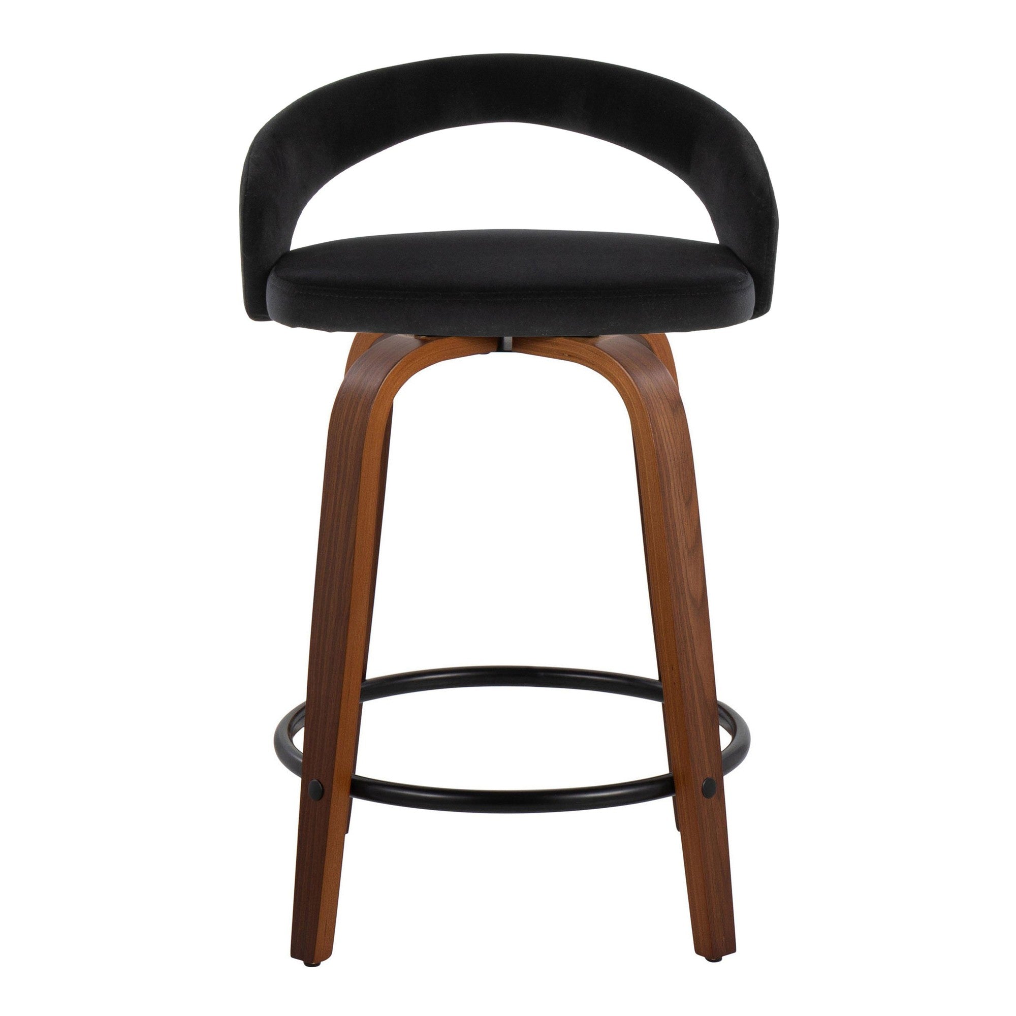 Grotto Upholstered 24" Fixed-Height Counter Stool - Set of 2 - Walnut Wood, Black Velvet, Black Metal