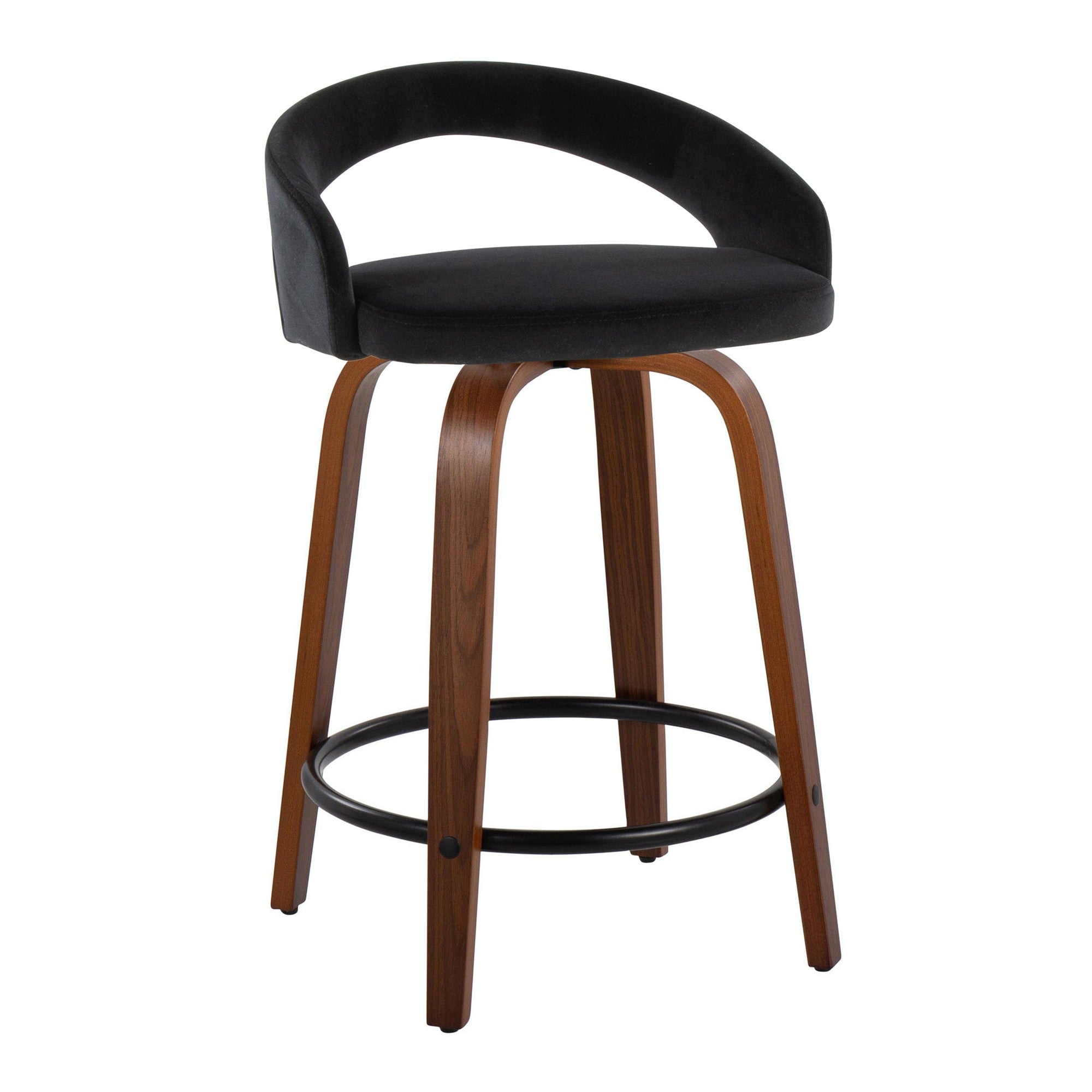 Grotto Upholstered 24" Fixed-Height Counter Stool - Set of 2 - Walnut Wood, Black Velvet, Black Metal