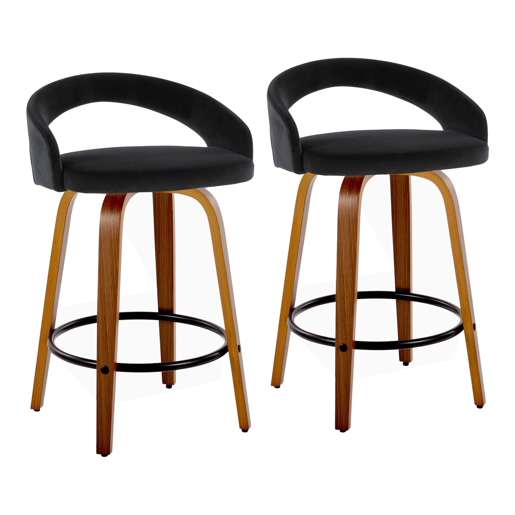 Grotto Upholstered 24" Fixed-Height Counter Stool - Set of 2 - Walnut Wood, Black Velvet, Black Metal
