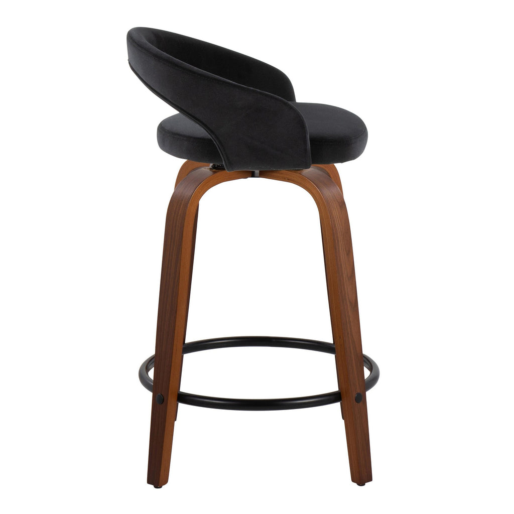 Grotto Upholstered 24" Fixed-Height Counter Stool - Set of 2 - Walnut Wood, Black Velvet, Black Metal