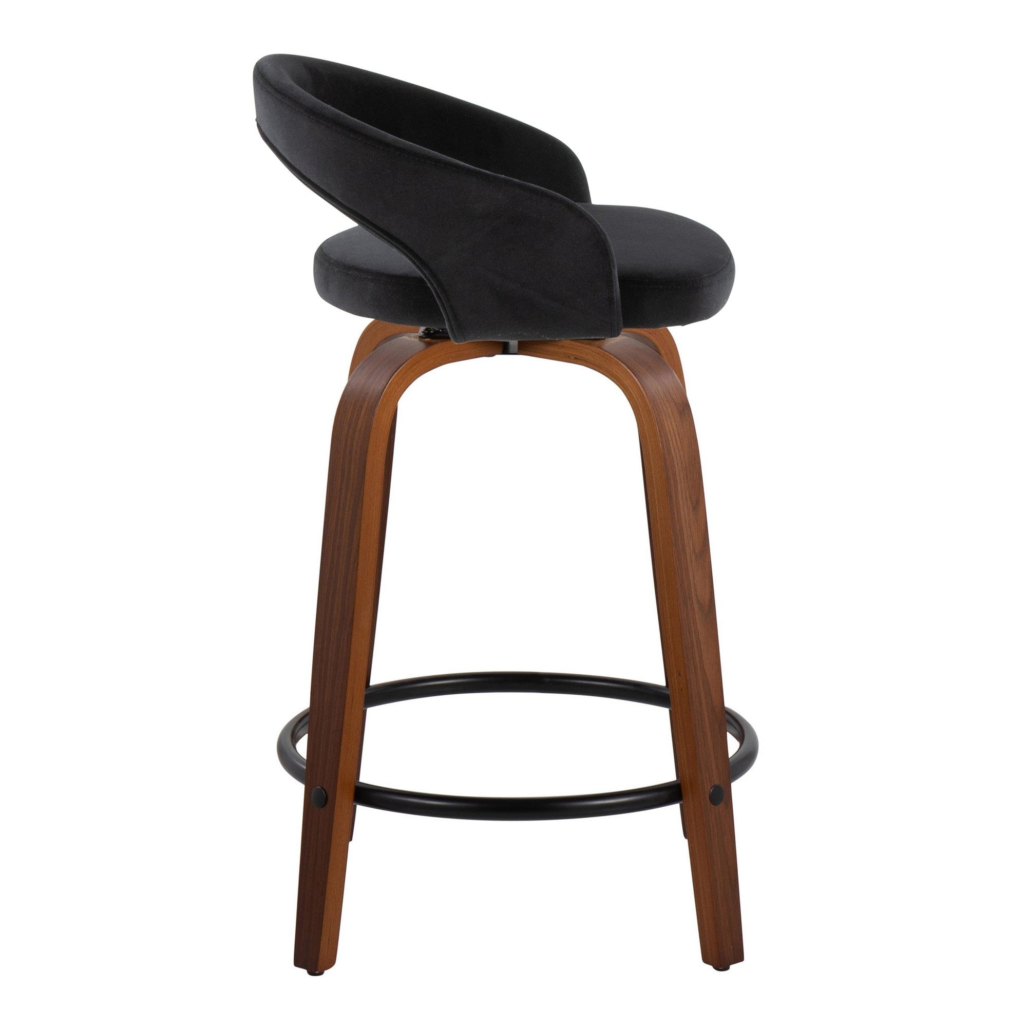 Grotto Upholstered 24" Fixed-Height Counter Stool - Set of 2 - Walnut Wood, Black Velvet, Black Metal