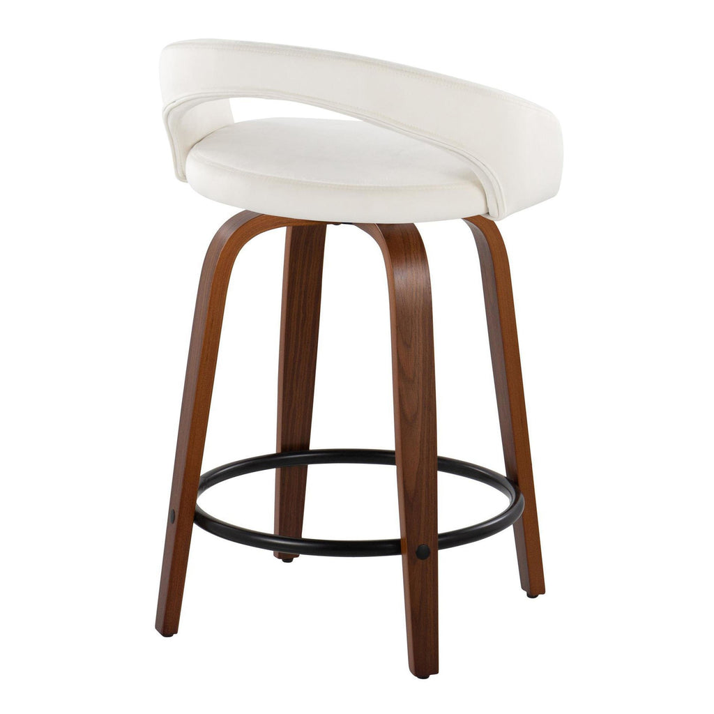 Grotto Upholstered 24" Fixed-Height Counter Stool - Set of 2 - Walnut Wood, White Velvet, Black Metal