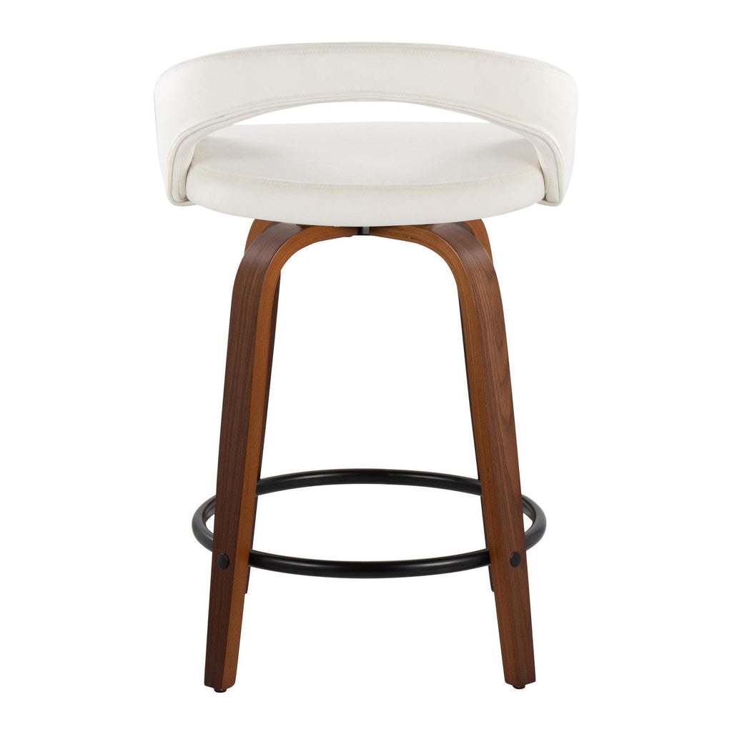Grotto Upholstered 24" Fixed-Height Counter Stool - Set of 2 - Walnut Wood, White Velvet, Black Metal