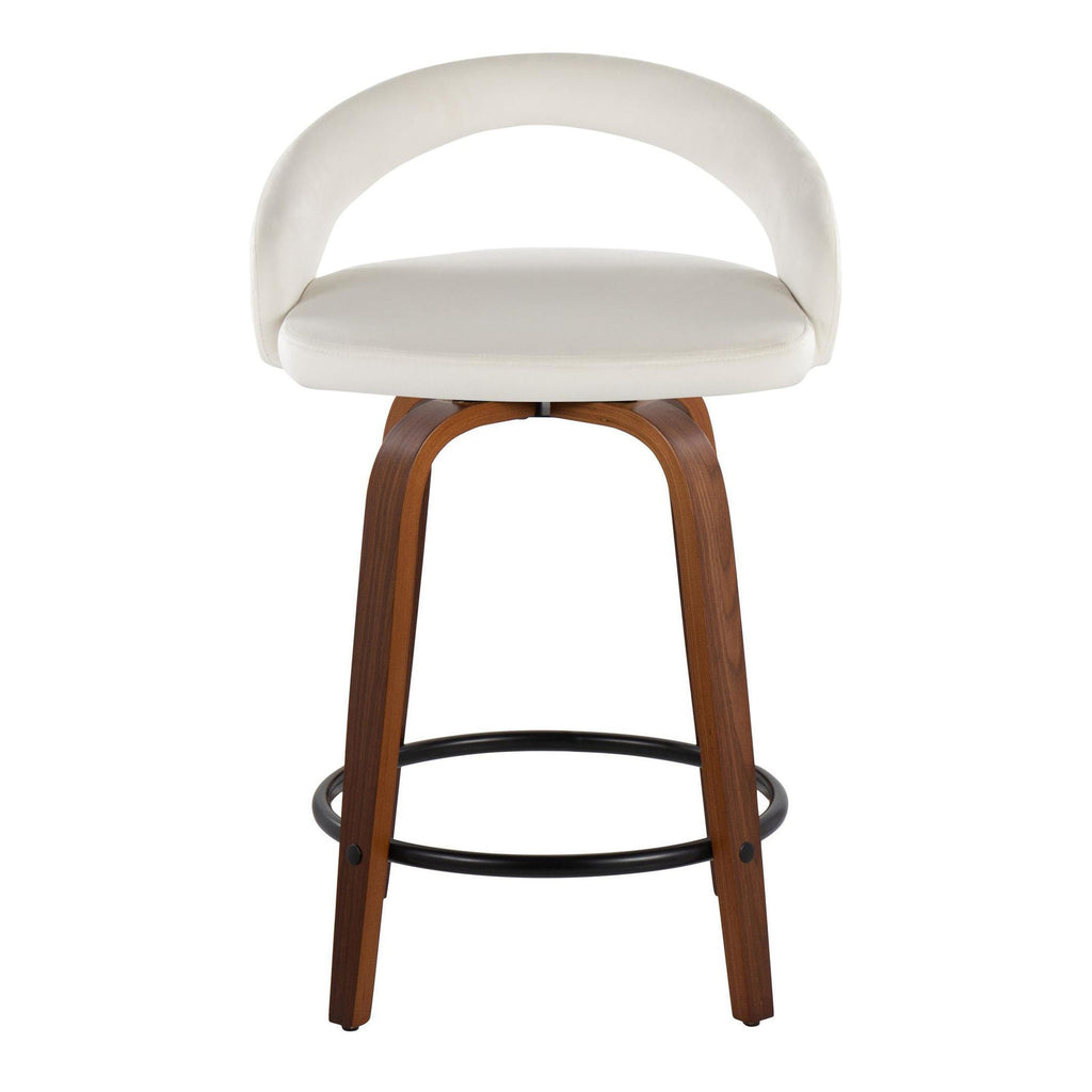 Grotto Upholstered 24" Fixed-Height Counter Stool - Set of 2 - Walnut Wood, White Velvet, Black Metal