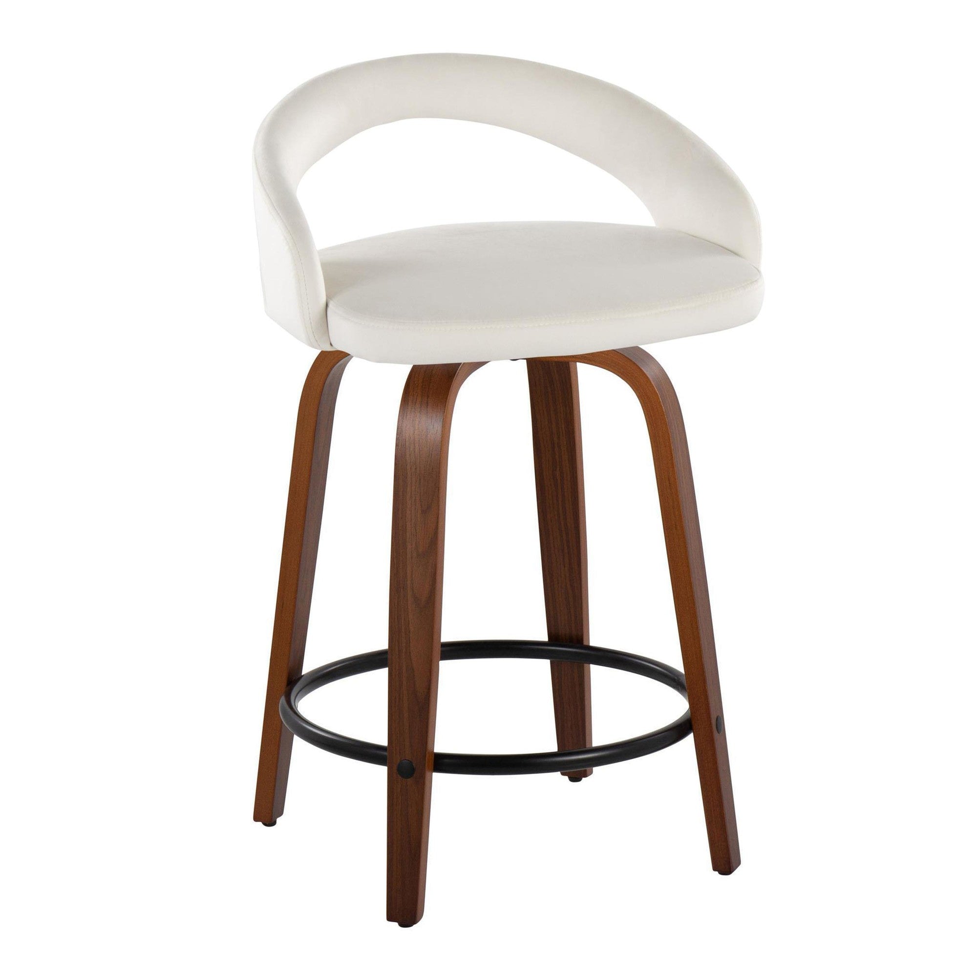 Grotto Upholstered 24" Fixed-Height Counter Stool - Set of 2 - Walnut Wood, White Velvet, Black Metal