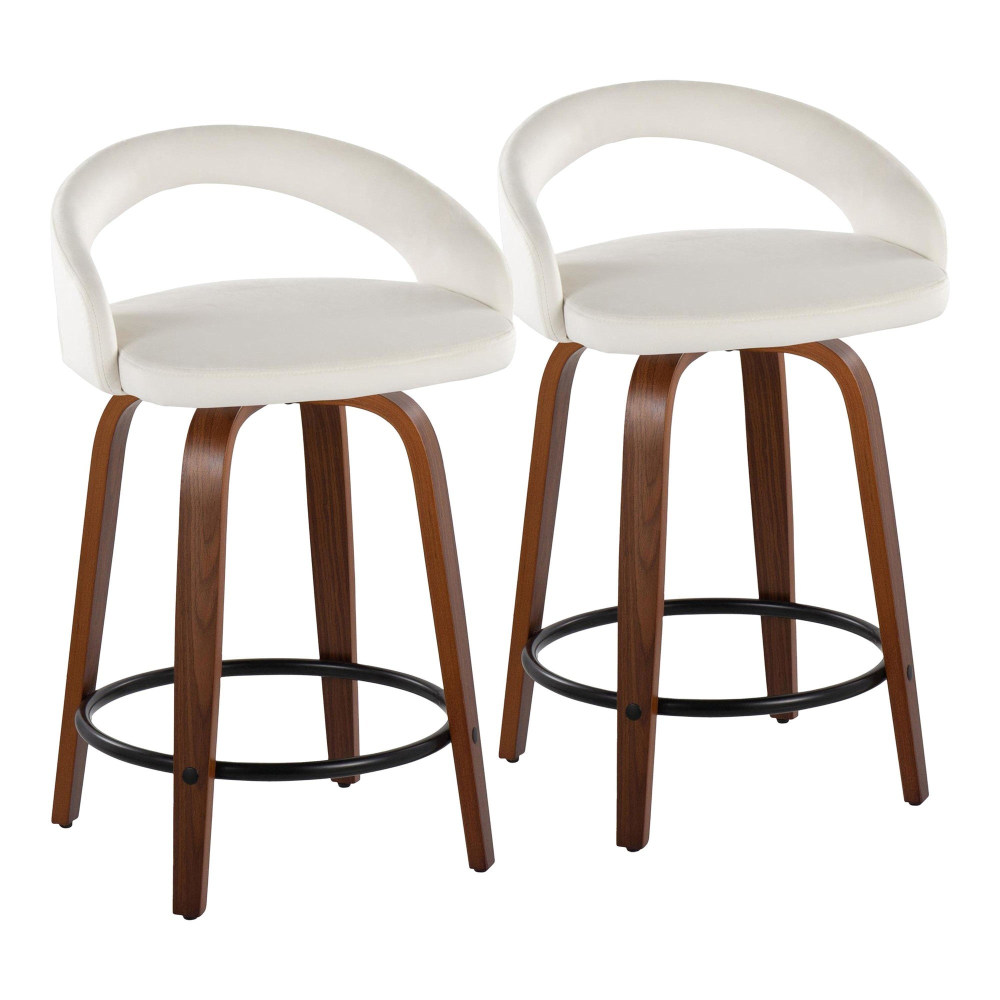 Grotto Upholstered 24" Fixed-Height Counter Stool - Set of 2 - Walnut Wood, White Velvet, Black Metal