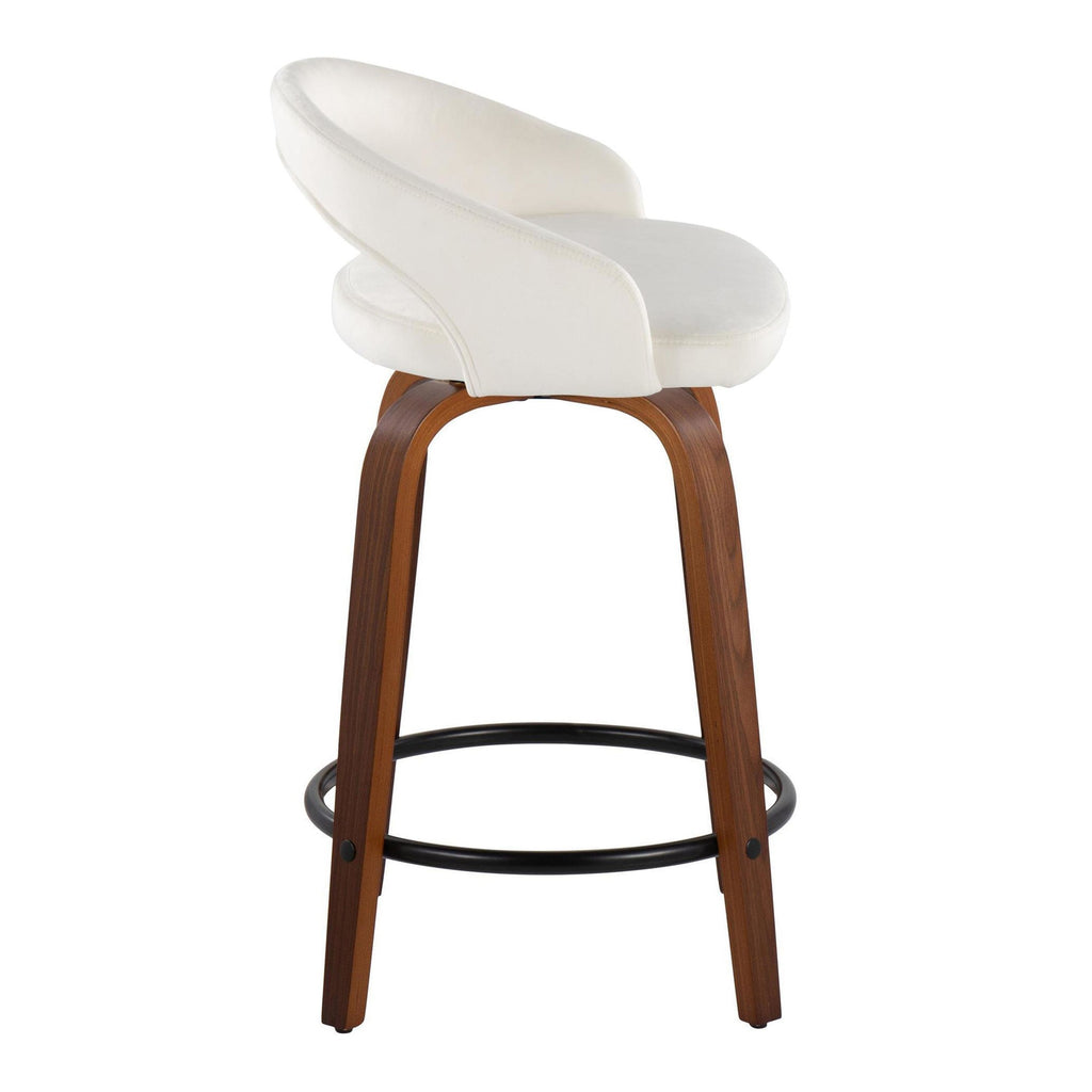 Grotto Upholstered 24" Fixed-Height Counter Stool - Set of 2 - Walnut Wood, White Velvet, Black Metal
