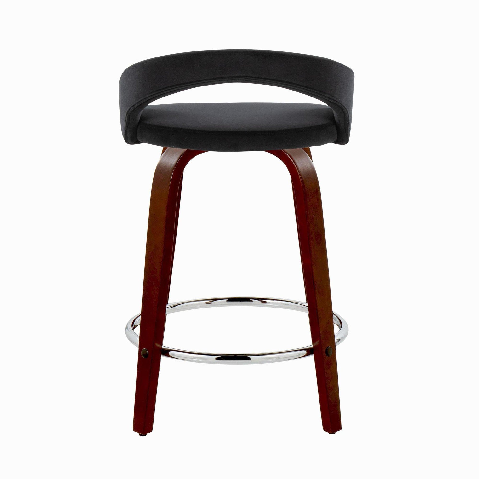Grotto Upholstered 24" Fixed-Height Counter Stool - Set of 2 - Mahogany Wood, Black Velvet, Chrome Metal