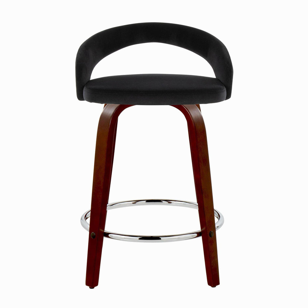 Grotto Upholstered 24" Fixed-Height Counter Stool - Set of 2 - Mahogany Wood, Black Velvet, Chrome Metal