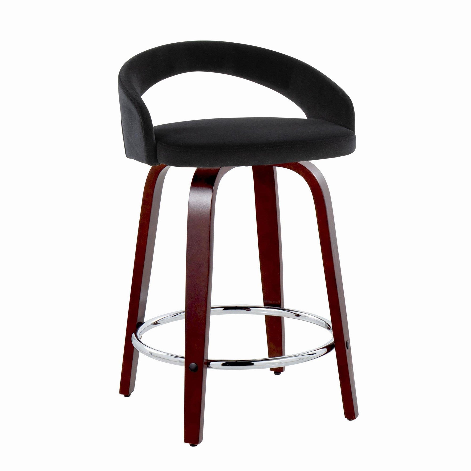 Grotto Upholstered 24" Fixed-Height Counter Stool - Set of 2 - Mahogany Wood, Black Velvet, Chrome Metal