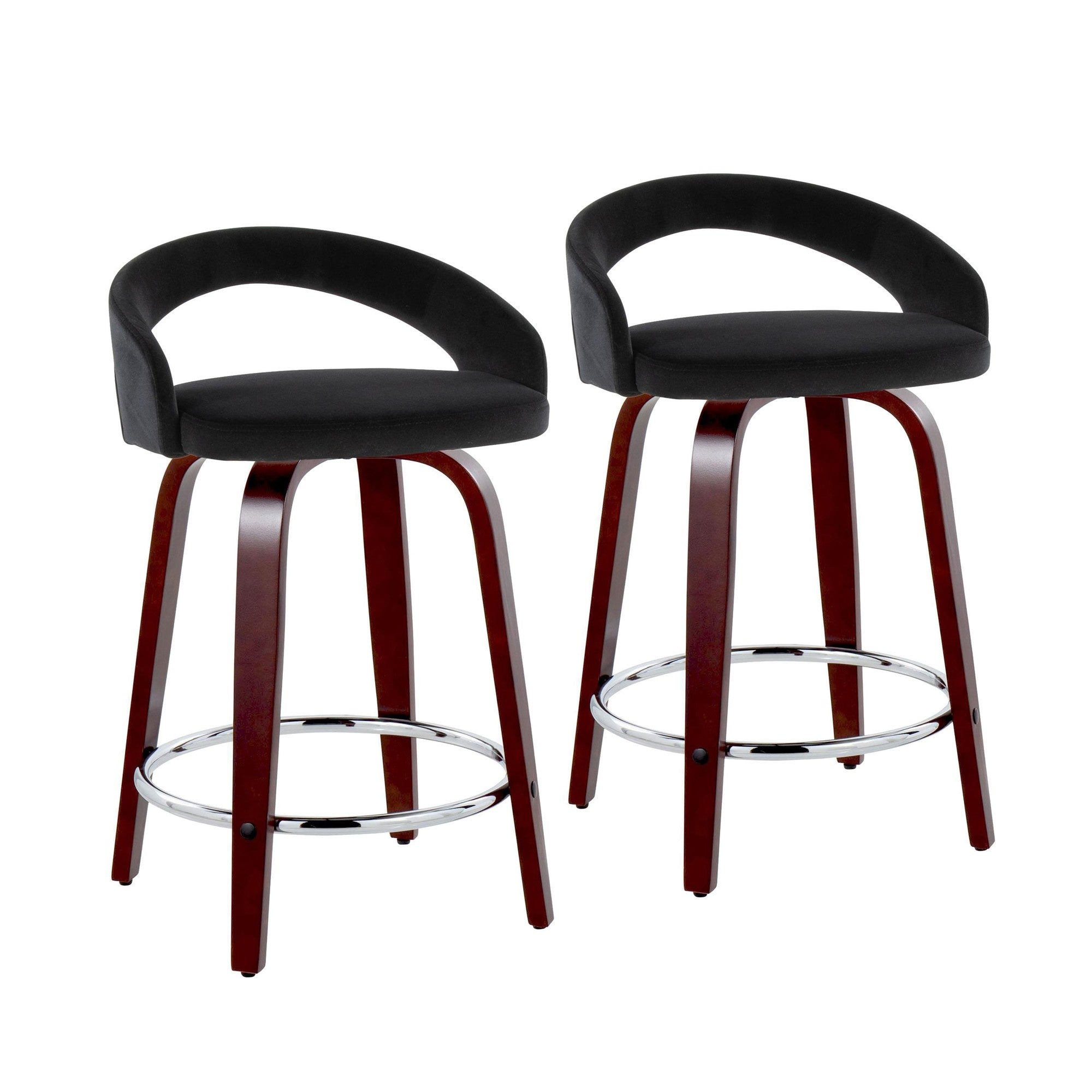Grotto Upholstered 24" Fixed-Height Counter Stool - Set of 2 - Mahogany Wood, Black Velvet, Chrome Metal