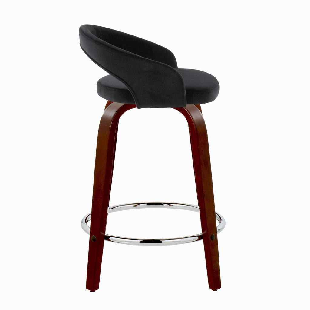 Grotto Upholstered 24" Fixed-Height Counter Stool - Set of 2 - Mahogany Wood, Black Velvet, Chrome Metal