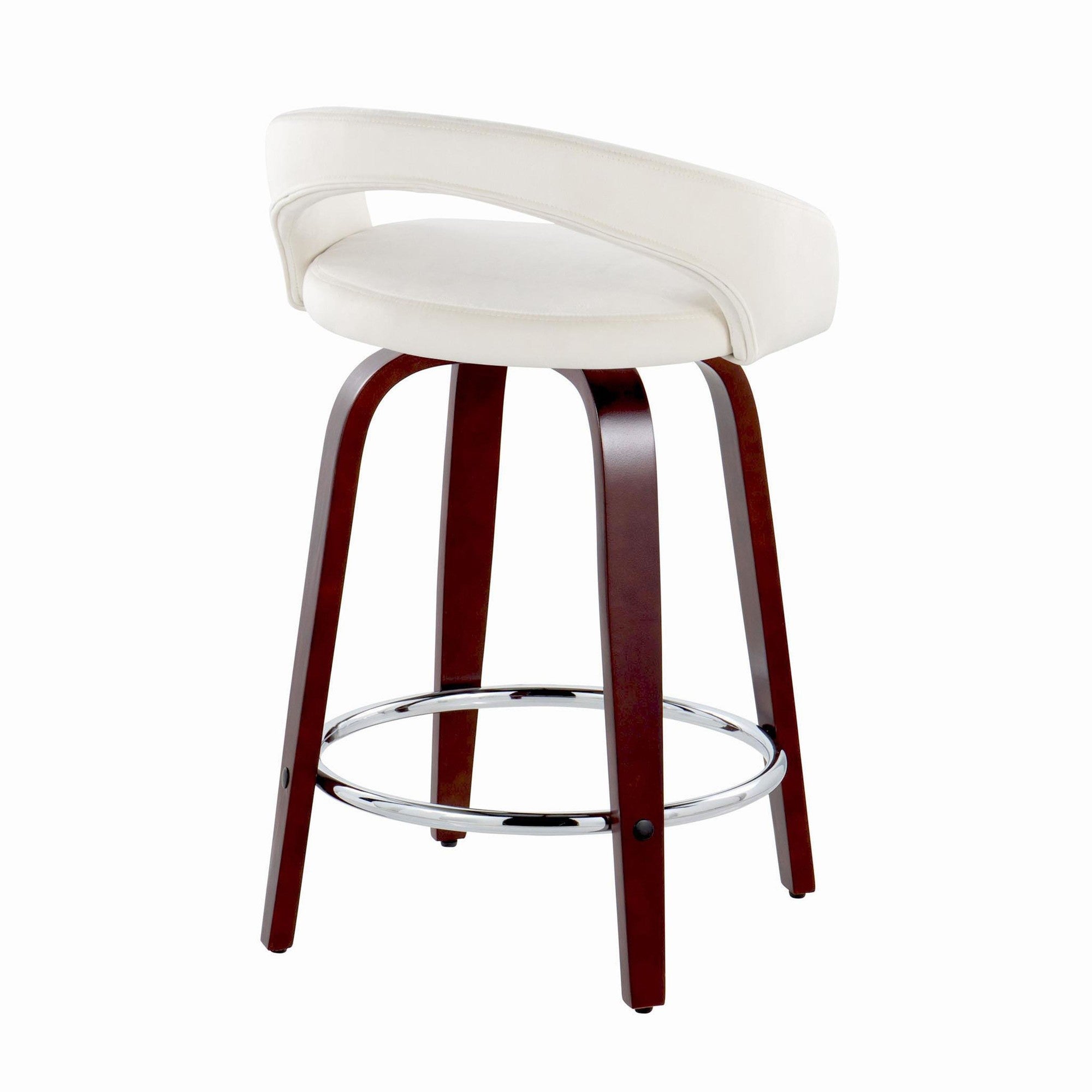 Grotto Upholstered 24" Fixed-Height Counter Stool - Set of 2 - Mahogany Wood, White Velvet, Chrome Metal