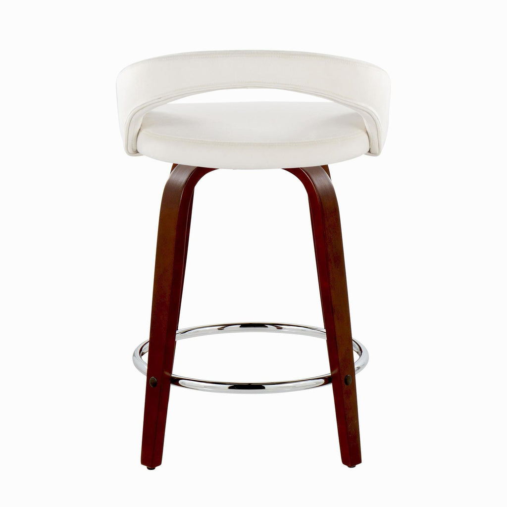 Grotto Upholstered 24" Fixed-Height Counter Stool - Set of 2 - Mahogany Wood, White Velvet, Chrome Metal