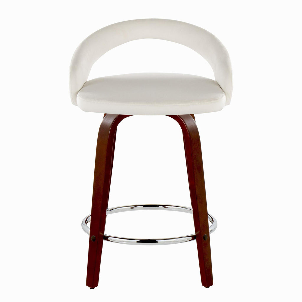 Grotto Upholstered 24" Fixed-Height Counter Stool - Set of 2 - Mahogany Wood, White Velvet, Chrome Metal