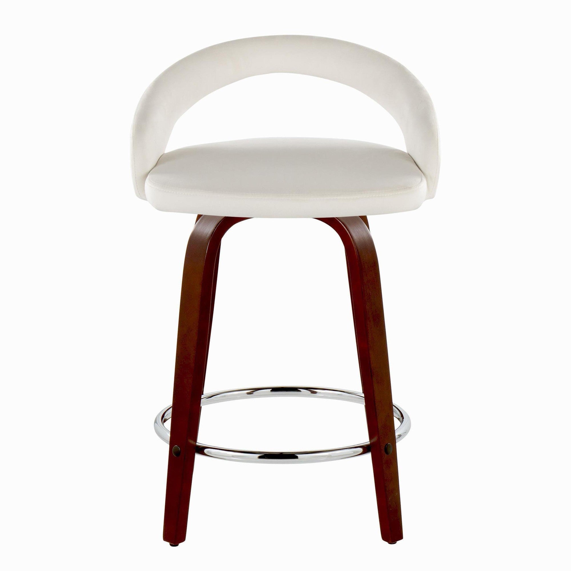 Grotto Upholstered 24" Fixed-Height Counter Stool - Set of 2 - Mahogany Wood, White Velvet, Chrome Metal