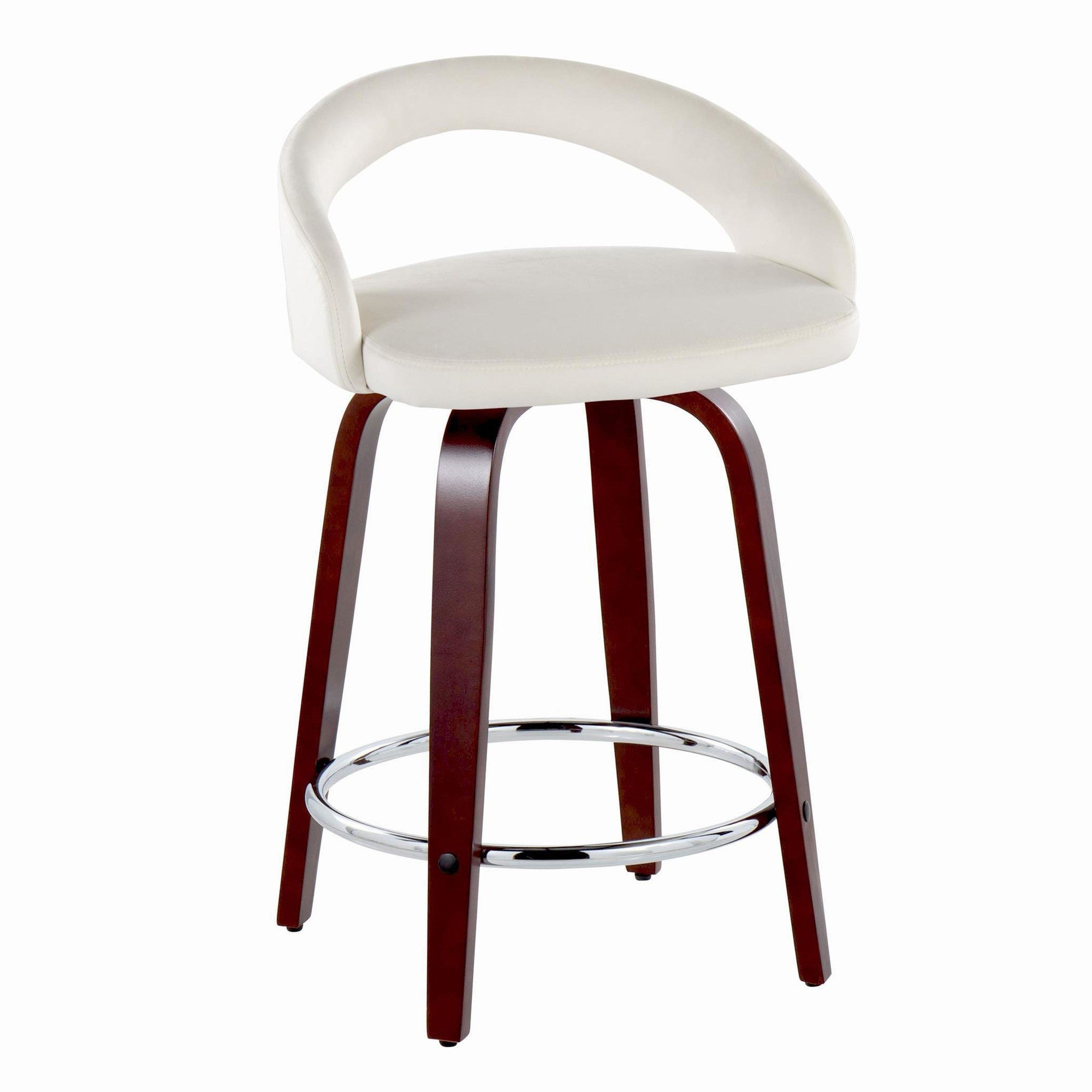 Grotto Upholstered 24" Fixed-Height Counter Stool - Set of 2 - Mahogany Wood, White Velvet, Chrome Metal