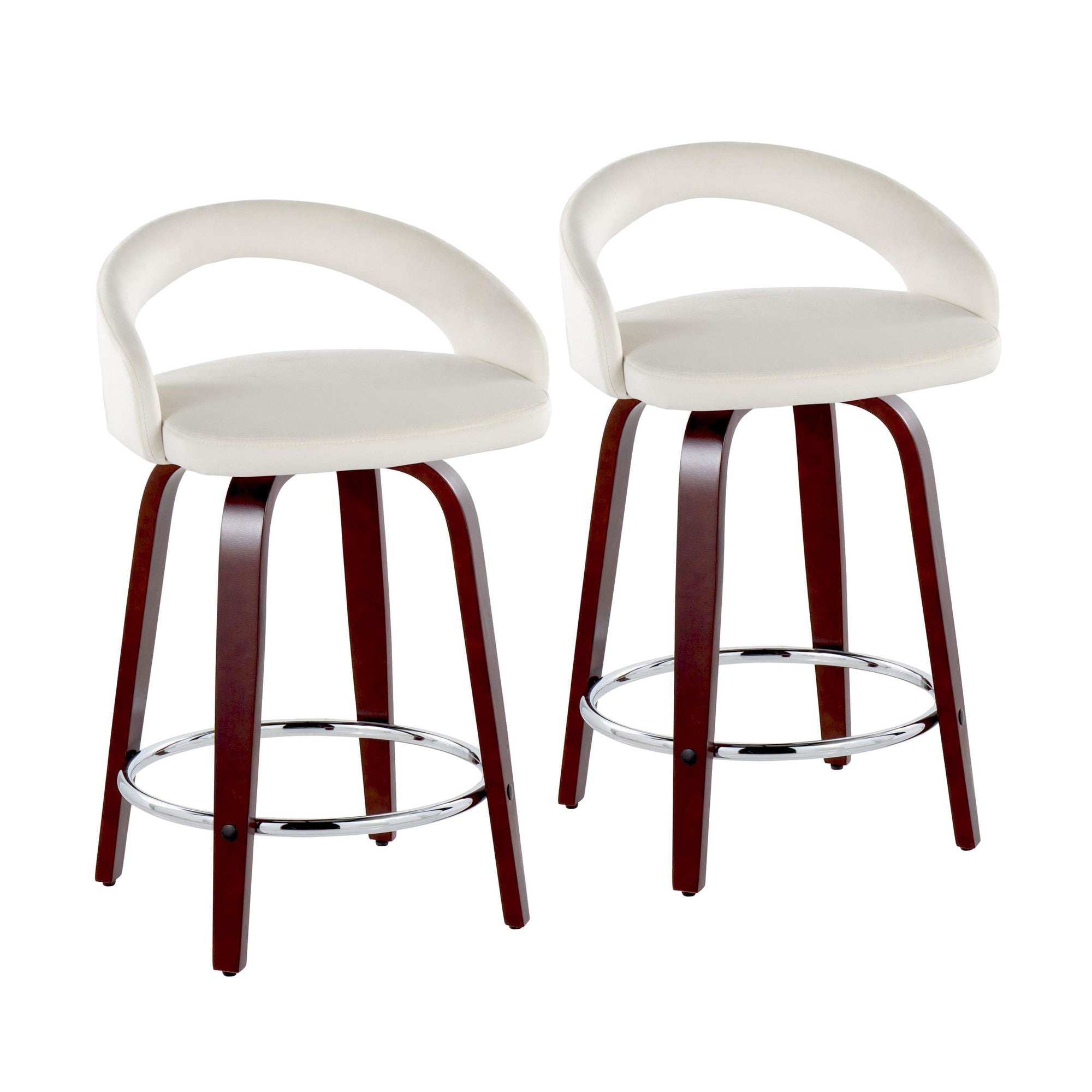 Grotto Upholstered 24" Fixed-Height Counter Stool - Set of 2 - Mahogany Wood, White Velvet, Chrome Metal