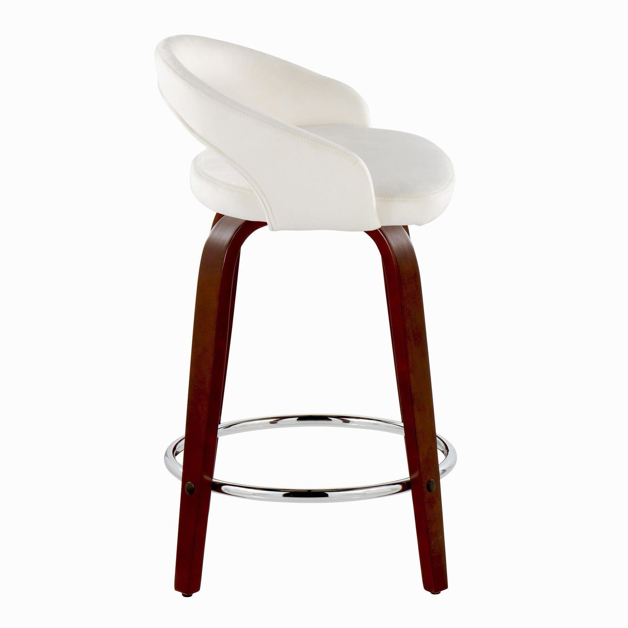 Grotto Upholstered 24" Fixed-Height Counter Stool - Set of 2 - Mahogany Wood, White Velvet, Chrome Metal