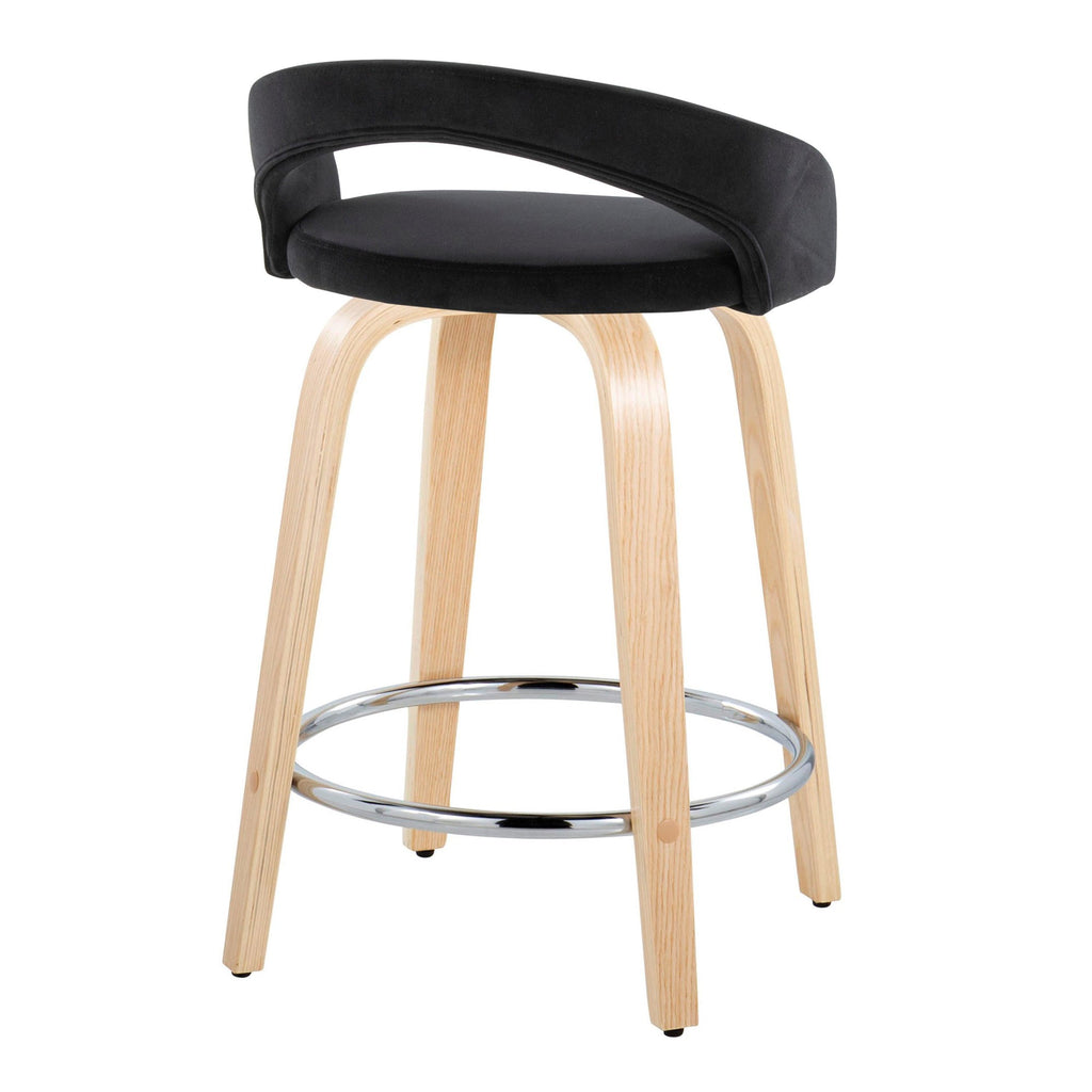 Grotto Upholstered 24" Fixed-Height Counter Stool - Set of 2 - Natural Wood, Black Velvet, Chrome Metal