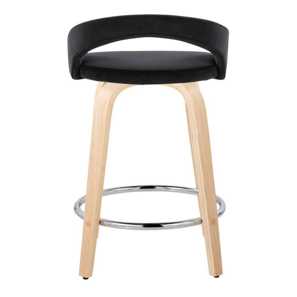 Grotto Upholstered 24" Fixed-Height Counter Stool - Set of 2 - Natural Wood, Black Velvet, Chrome Metal