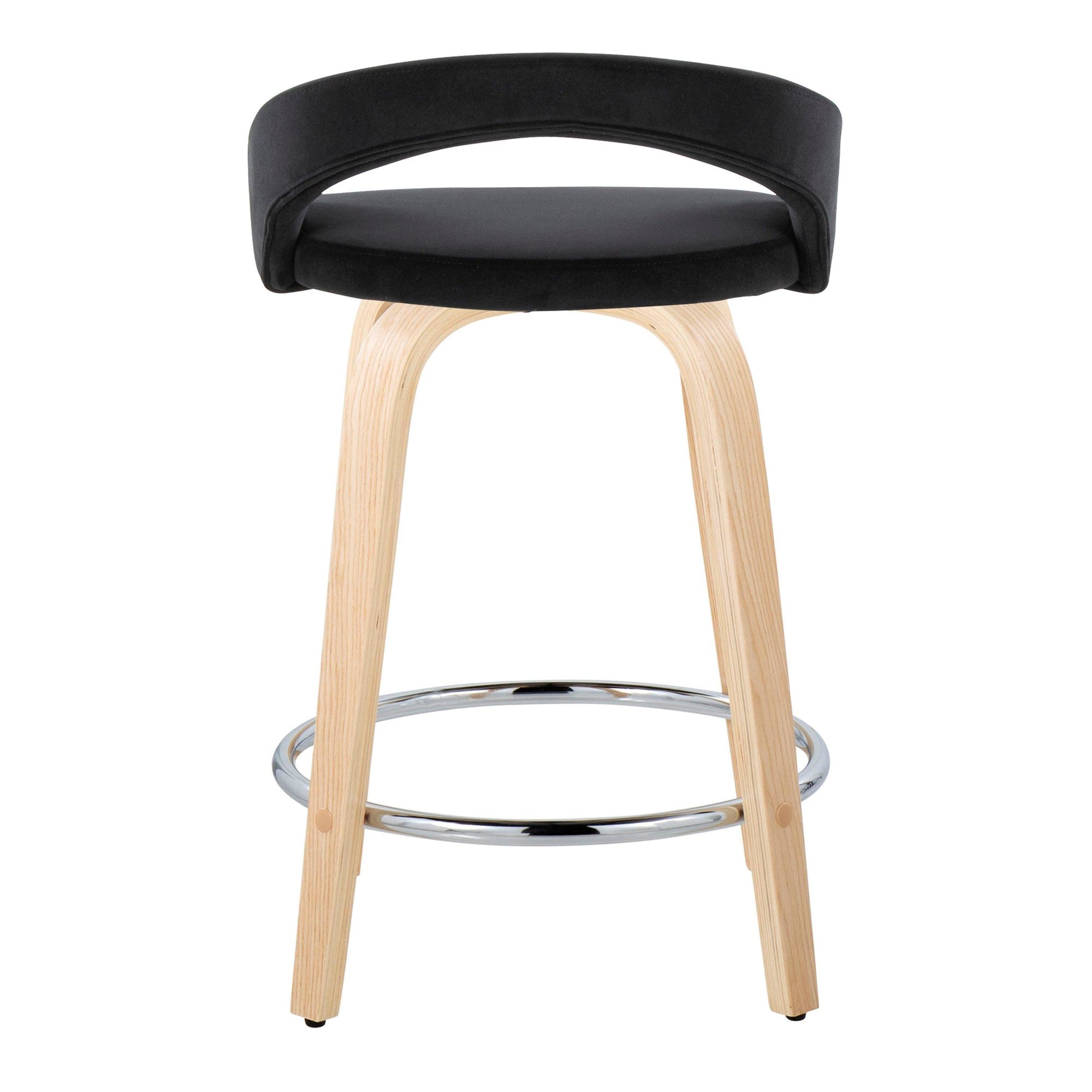 Grotto Upholstered 24" Fixed-Height Counter Stool - Set of 2 - Natural Wood, Black Velvet, Chrome Metal