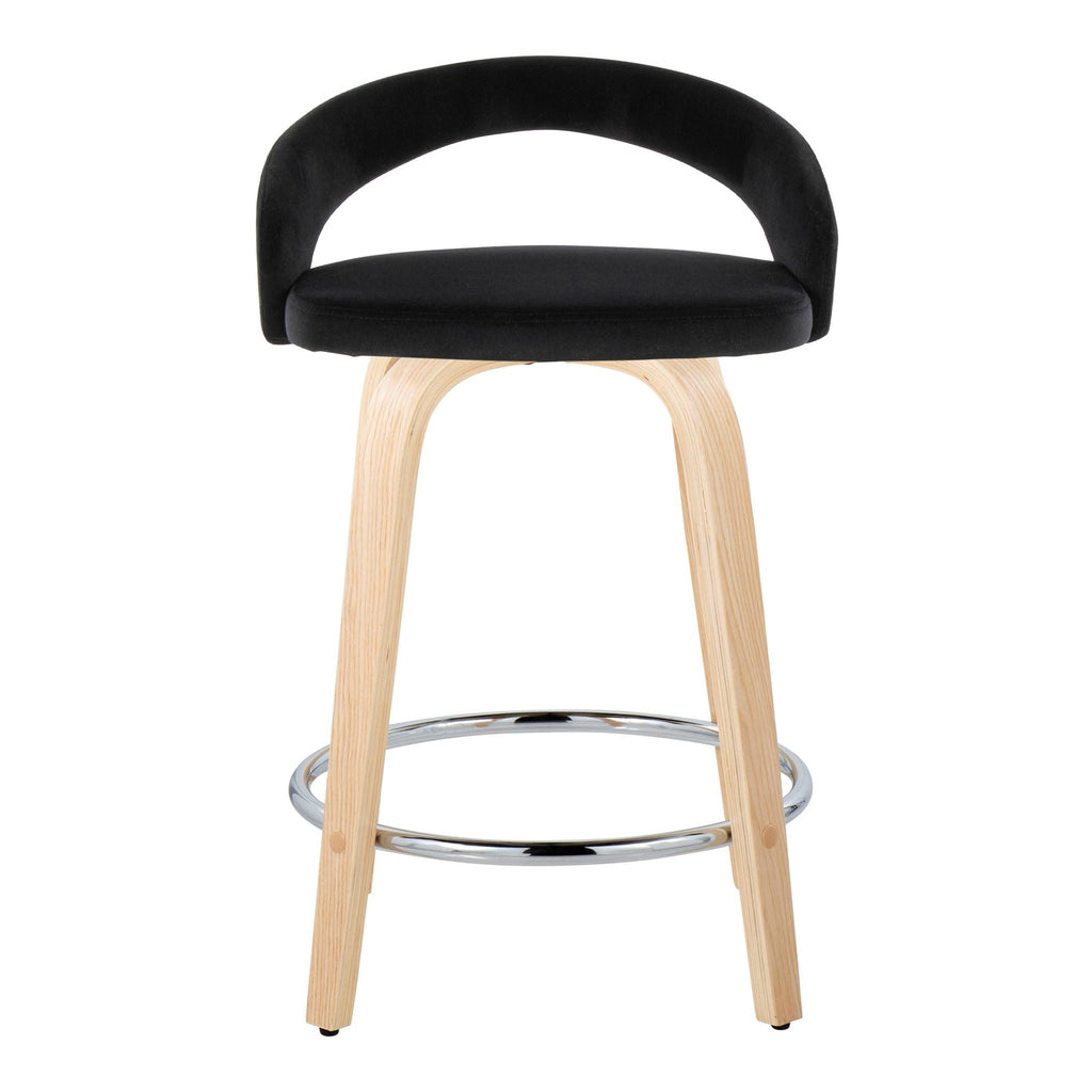 Grotto Upholstered 24" Fixed-Height Counter Stool - Set of 2 - Natural Wood, Black Velvet, Chrome Metal