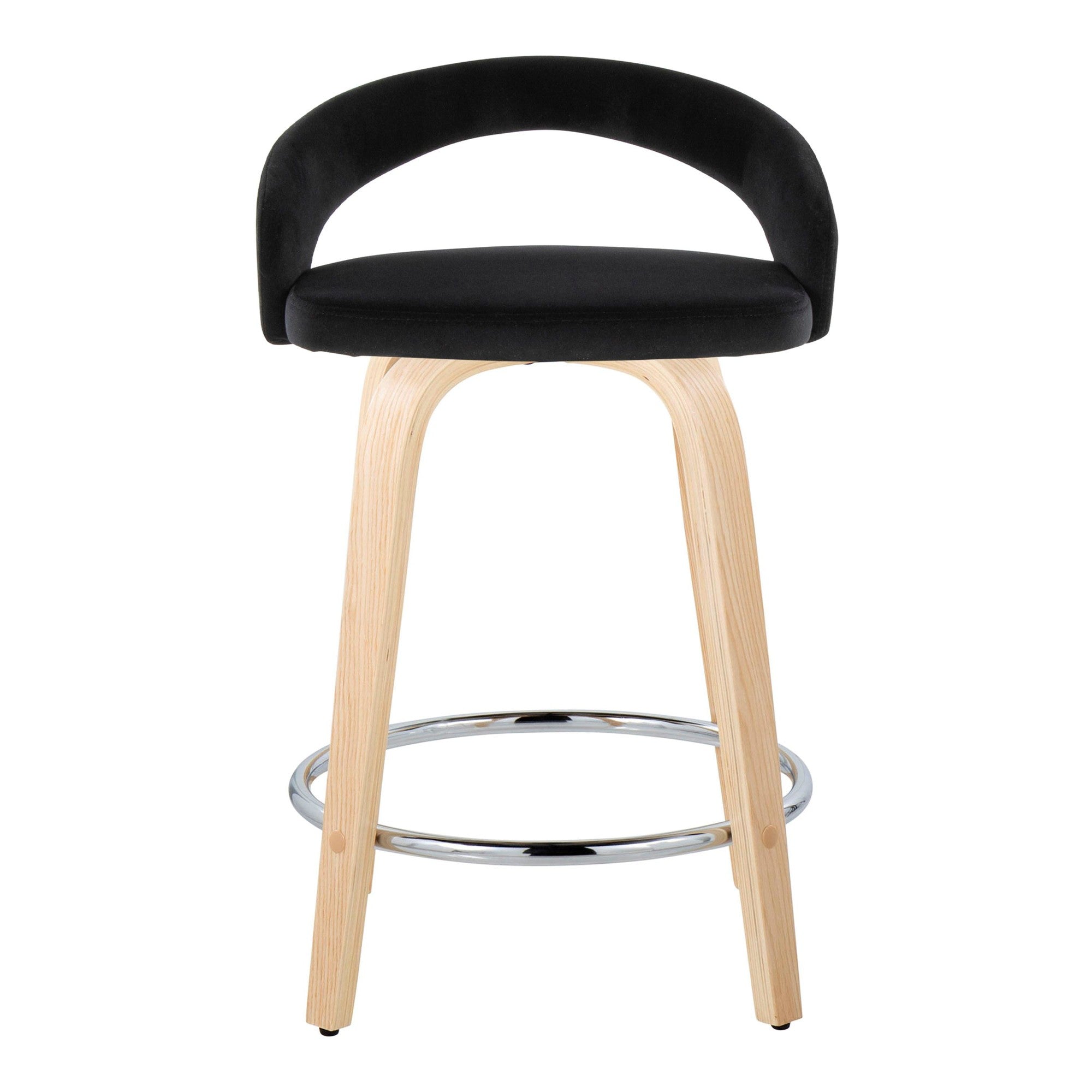 Grotto Upholstered 24" Fixed-Height Counter Stool - Set of 2 - Natural Wood, Black Velvet, Chrome Metal