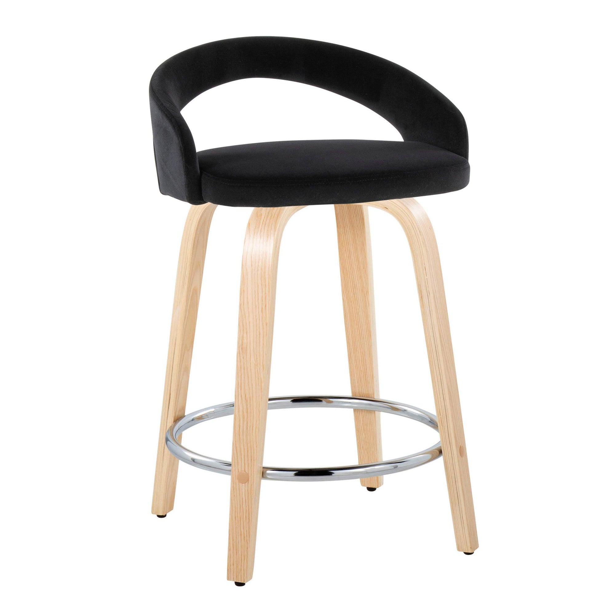 Grotto Upholstered 24" Fixed-Height Counter Stool - Set of 2 - Natural Wood, Black Velvet, Chrome Metal