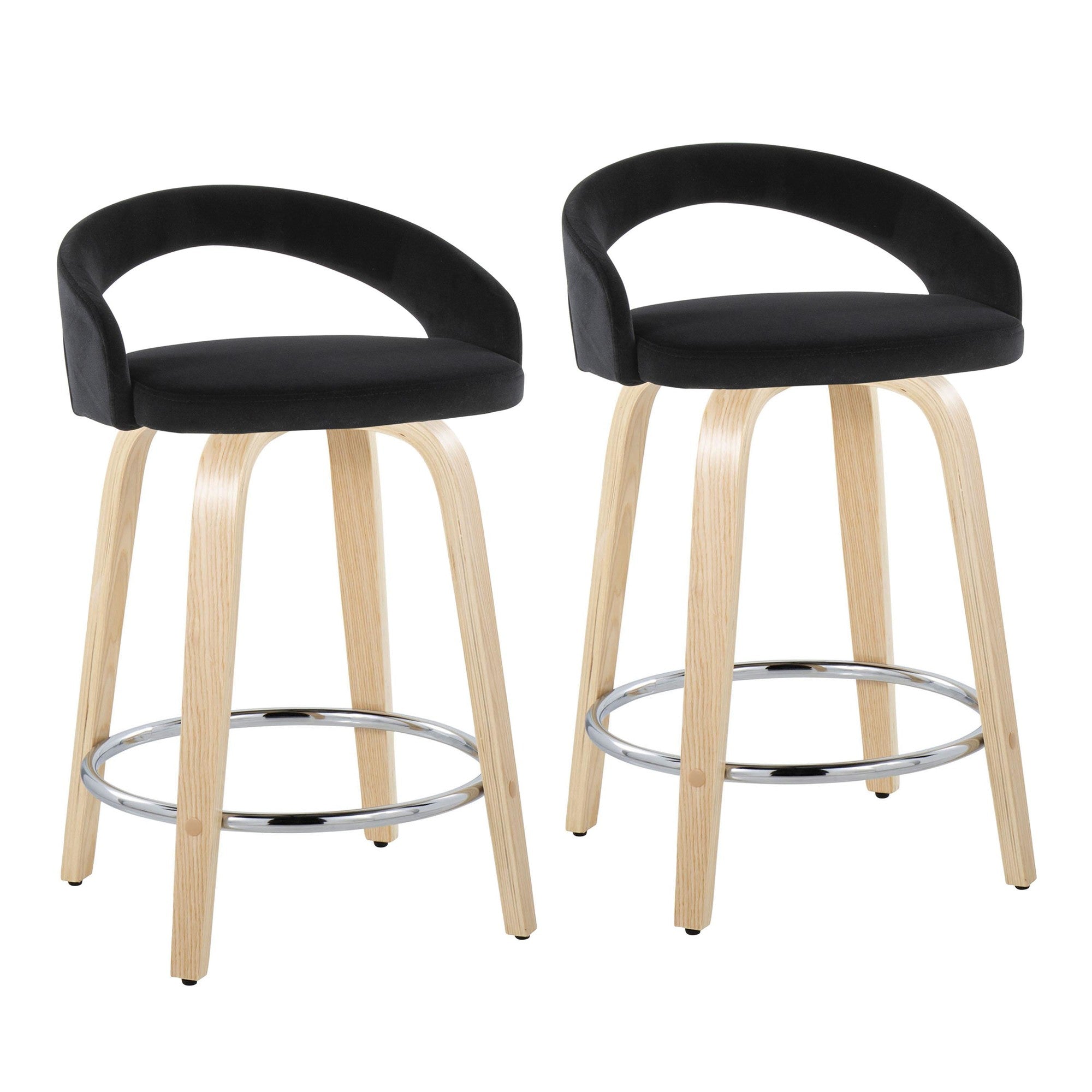 Grotto Upholstered 24" Fixed-Height Counter Stool - Set of 2 - Natural Wood, Black Velvet, Chrome Metal