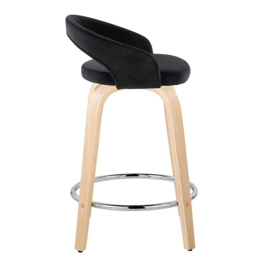 Grotto Upholstered 24" Fixed-Height Counter Stool - Set of 2 - Natural Wood, Black Velvet, Chrome Metal