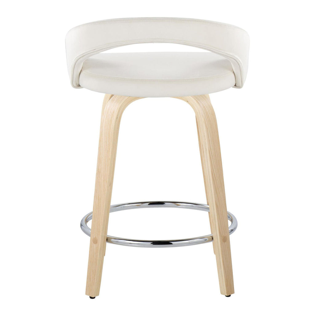 Grotto Upholstered 24" Fixed-Height Counter Stool - Set of 2 - Natural Wood, White Velvet, Chrome Metal