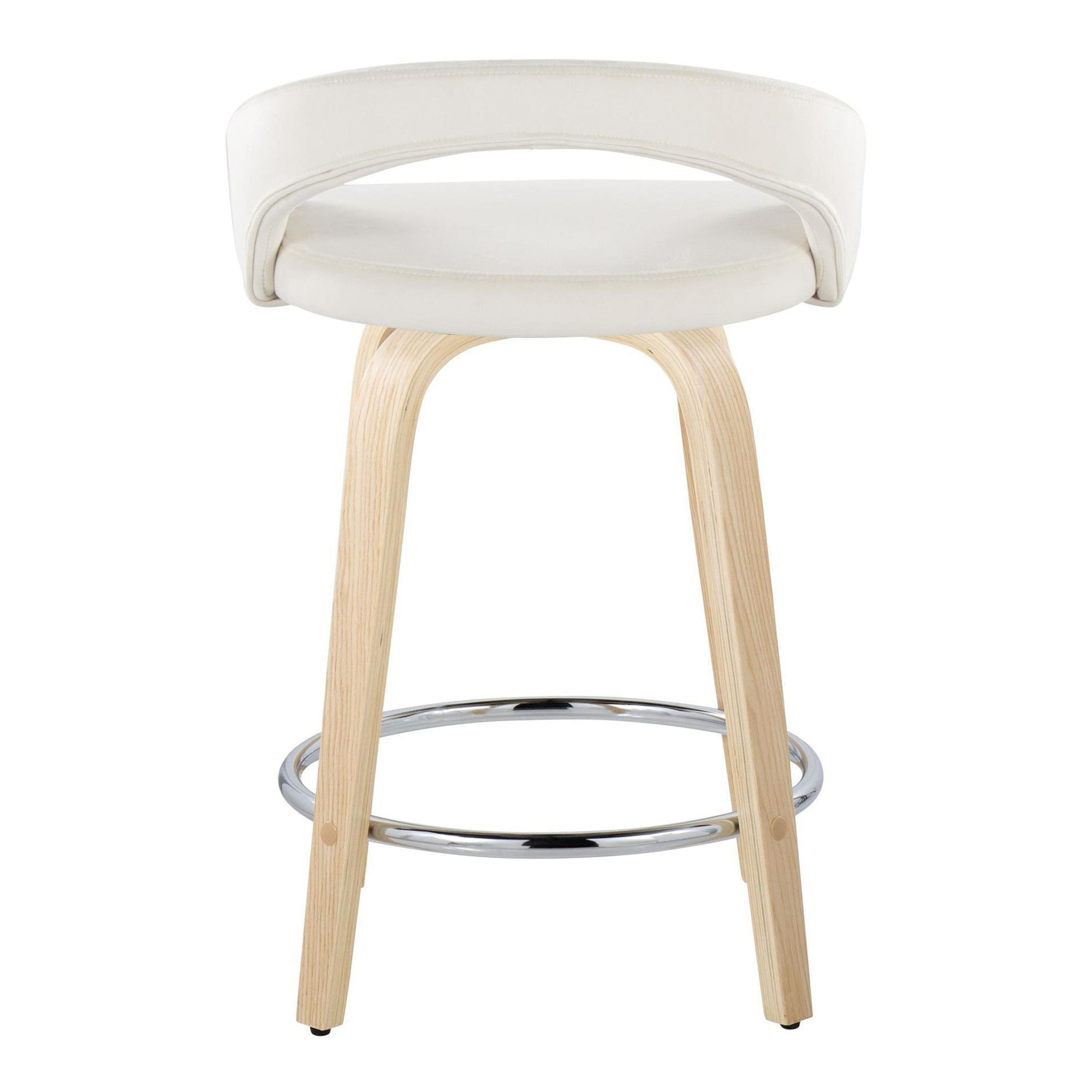 Grotto Upholstered 24" Fixed-Height Counter Stool - Set of 2 - Natural Wood, White Velvet, Chrome Metal