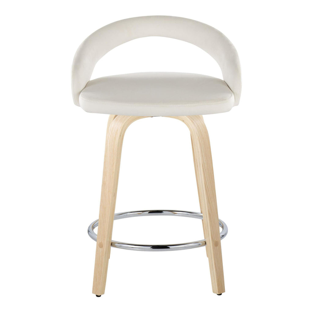 Grotto Upholstered 24" Fixed-Height Counter Stool - Set of 2 - Natural Wood, White Velvet, Chrome Metal