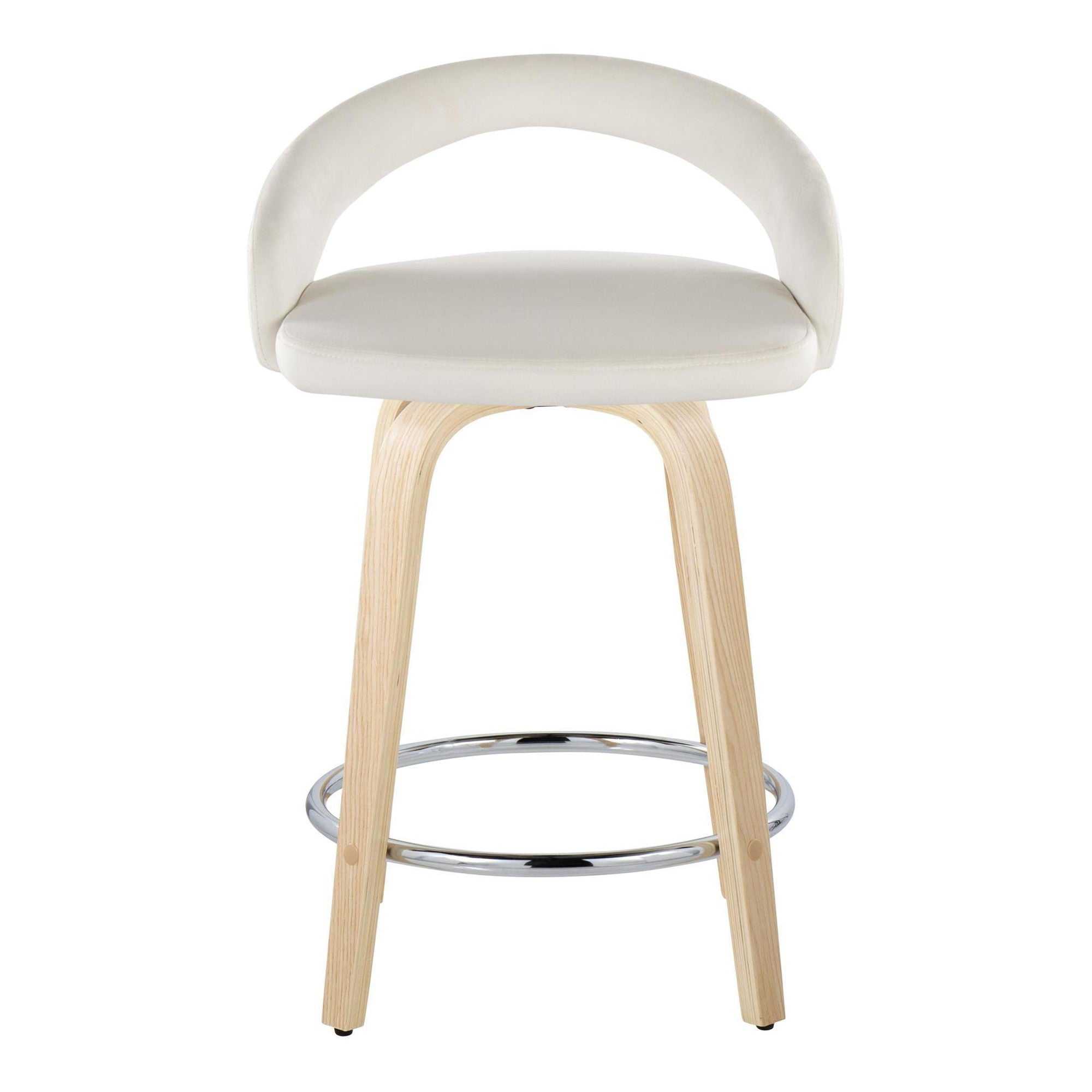 Grotto Upholstered 24" Fixed-Height Counter Stool - Set of 2 - Natural Wood, White Velvet, Chrome Metal