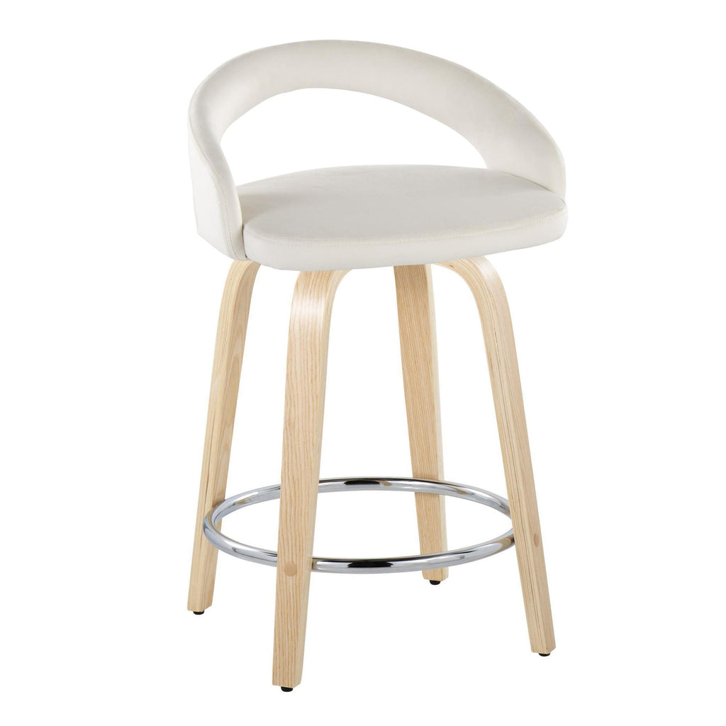 Grotto Upholstered 24" Fixed-Height Counter Stool - Set of 2 - Natural Wood, White Velvet, Chrome Metal