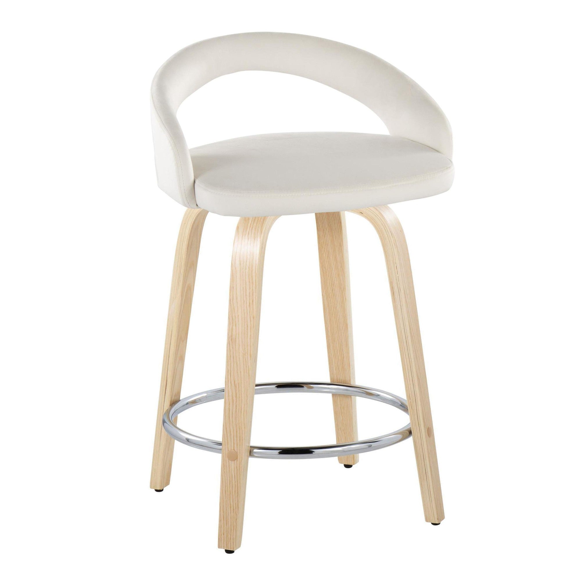Grotto Upholstered 24" Fixed-Height Counter Stool - Set of 2 - Natural Wood, White Velvet, Chrome Metal