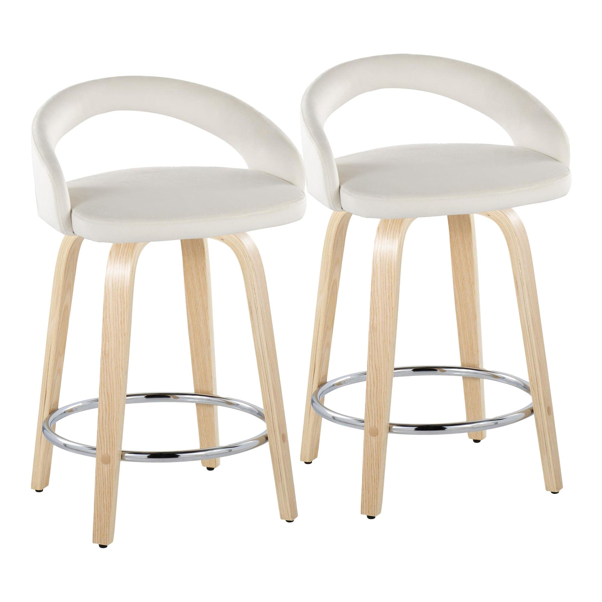 Grotto Upholstered 24" Fixed-Height Counter Stool - Set of 2 - Natural Wood, White Velvet, Chrome Metal