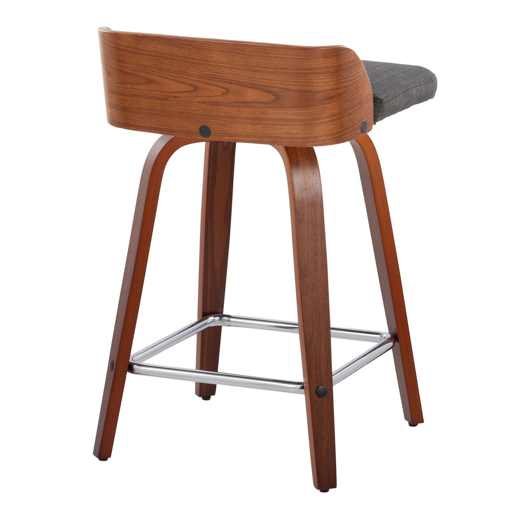 Maya 24" Fixed-Height Counter Stool - Set of 2 - Chrome Metal, Walnut Wood, Charcoal Fabric