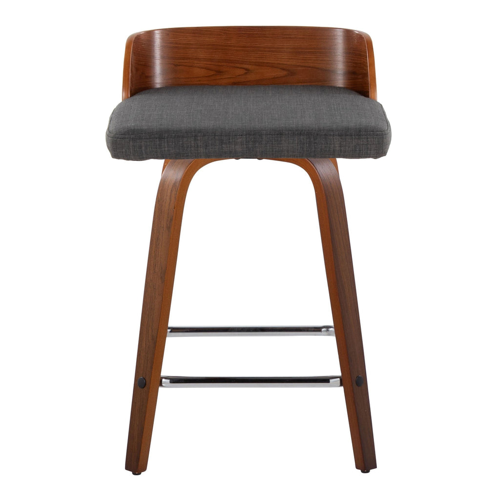 Maya 24" Fixed-Height Counter Stool - Set of 2 - Chrome Metal, Walnut Wood, Charcoal Fabric