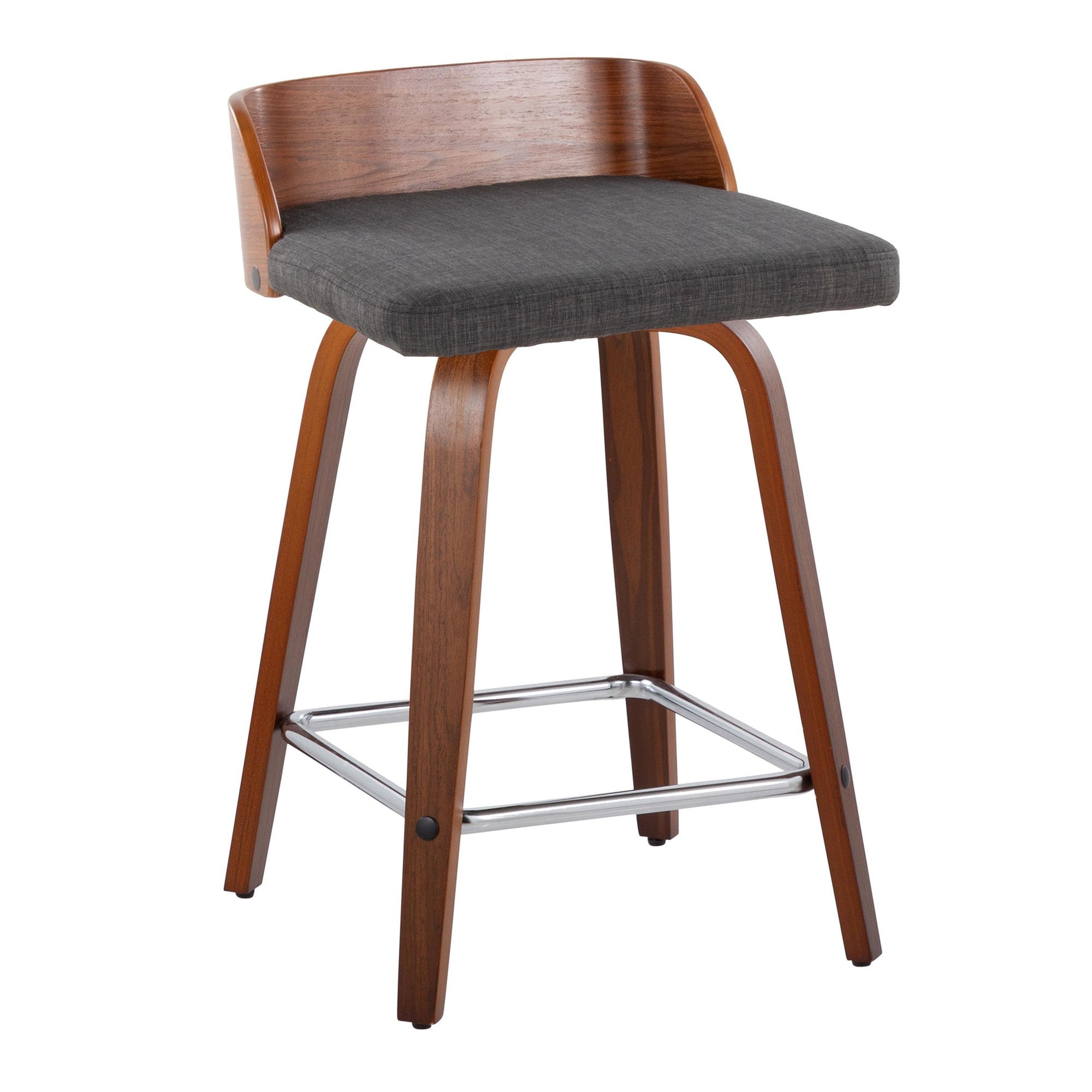 Maya 24" Fixed-Height Counter Stool - Set of 2 - Chrome Metal, Walnut Wood, Charcoal Fabric
