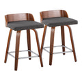Maya 24" Fixed-Height Counter Stool - Set of 2 - Chrome Metal, Walnut Wood, Charcoal Fabric