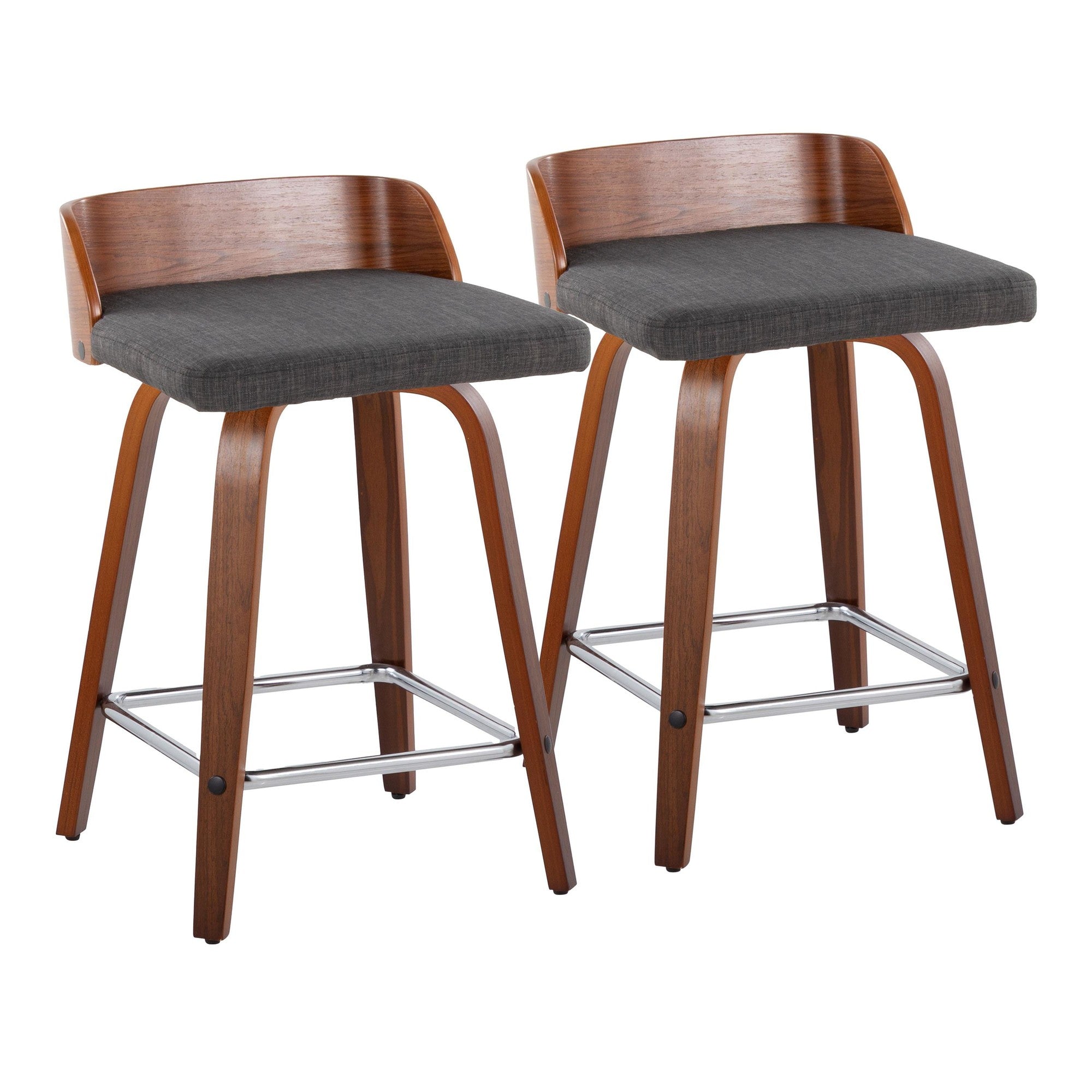 Maya 24" Fixed-Height Counter Stool - Set of 2 - Chrome Metal, Walnut Wood, Charcoal Fabric