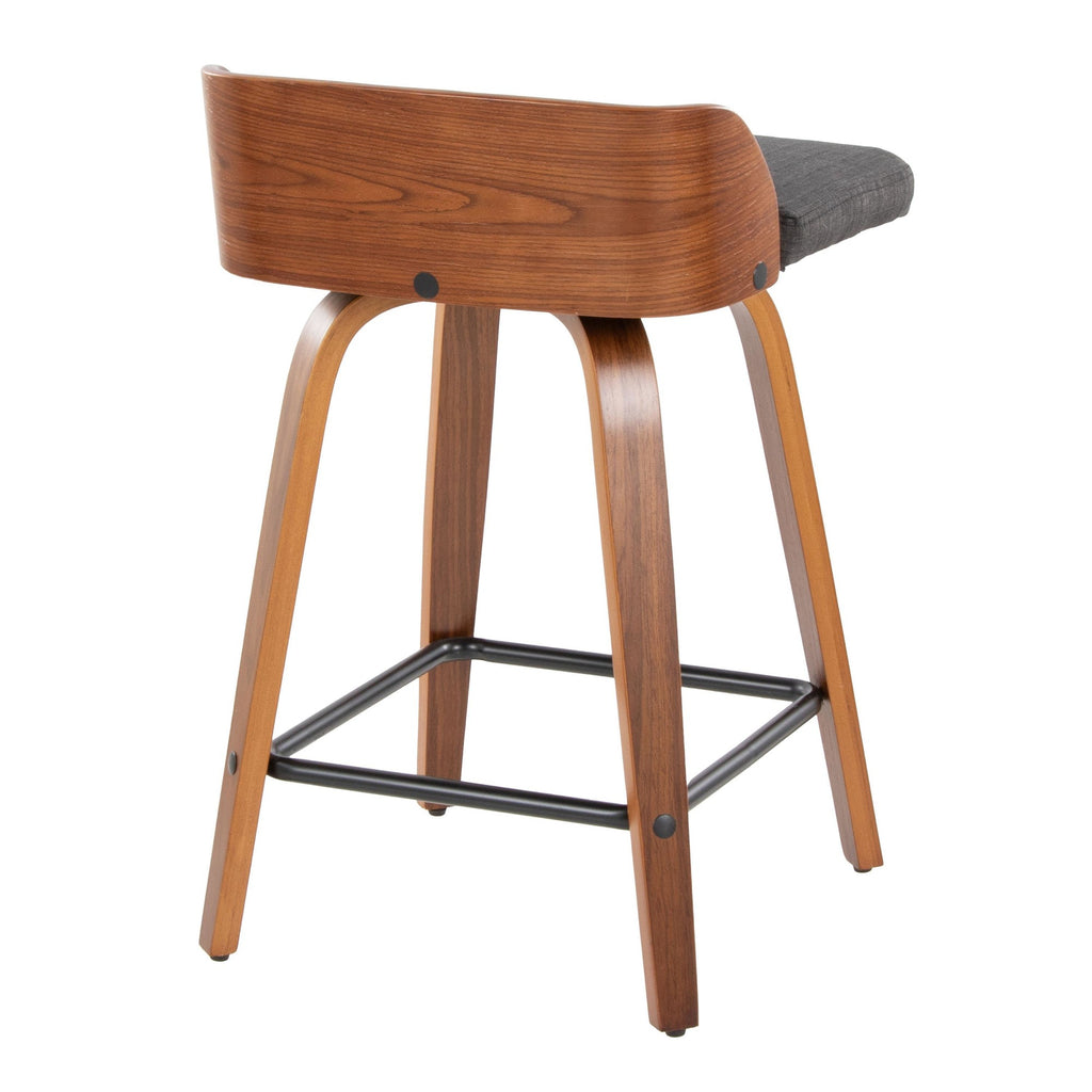 Maya 24" Fixed-Height Counter Stool - Set of 2 - Black Metal, Walnut Wood, Charcoal Fabric