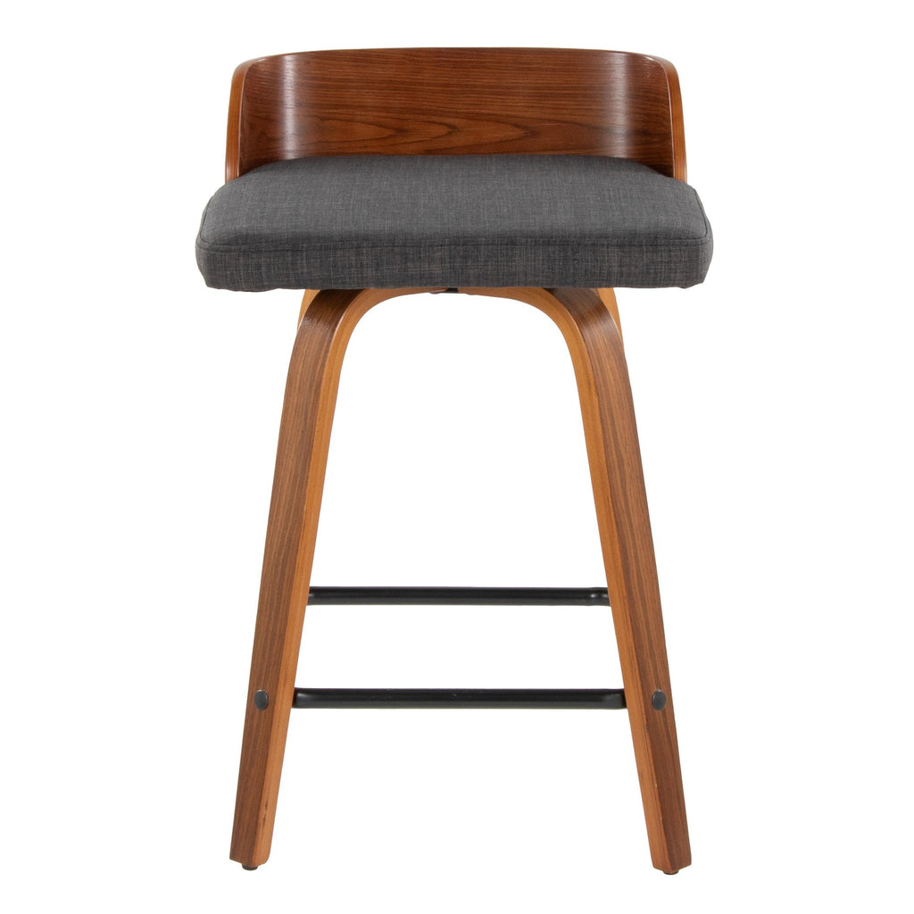 Maya 24" Fixed-Height Counter Stool - Set of 2 - Black Metal, Walnut Wood, Charcoal Fabric