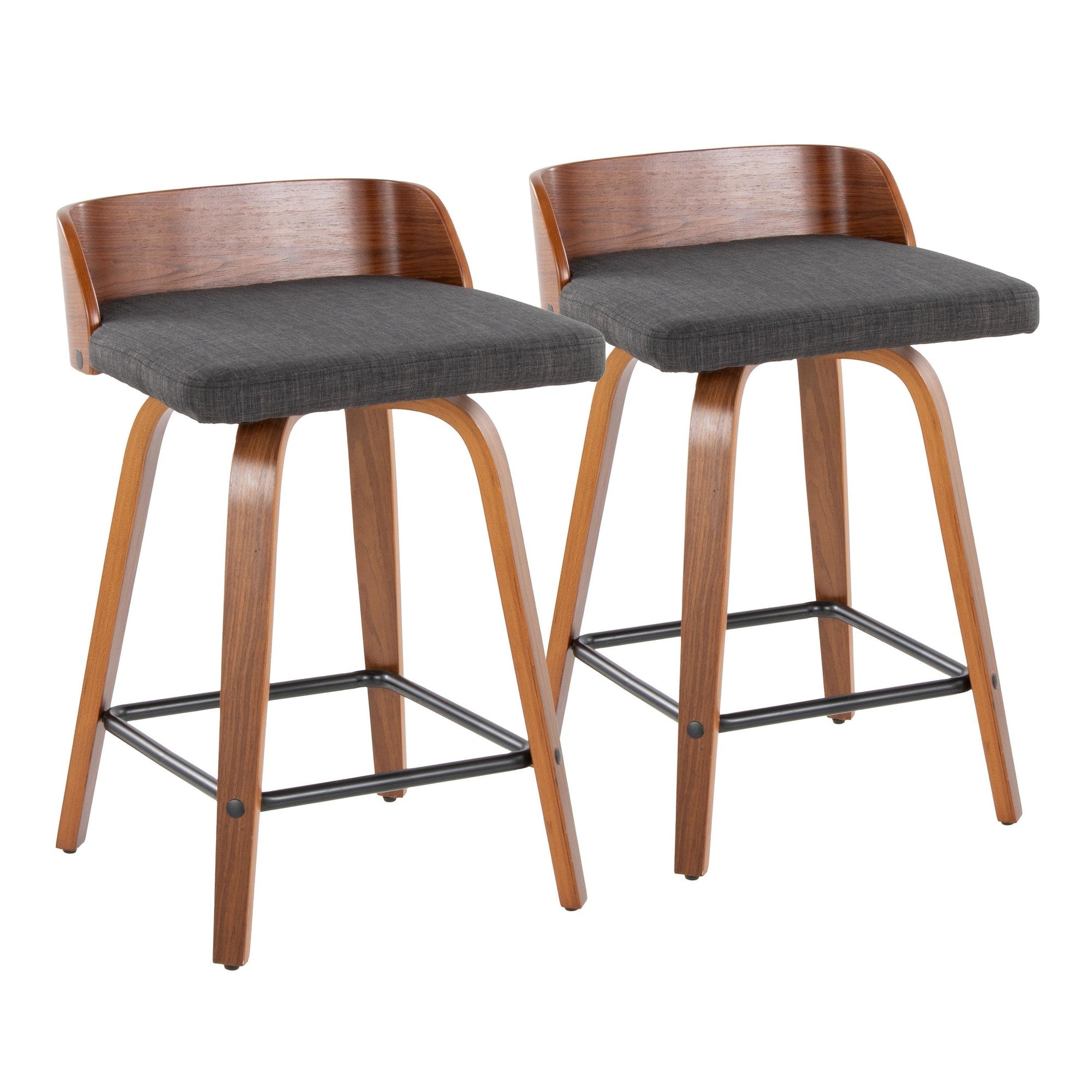 Maya 24" Fixed-Height Counter Stool - Set of 2 - Black Metal, Walnut Wood, Charcoal Fabric