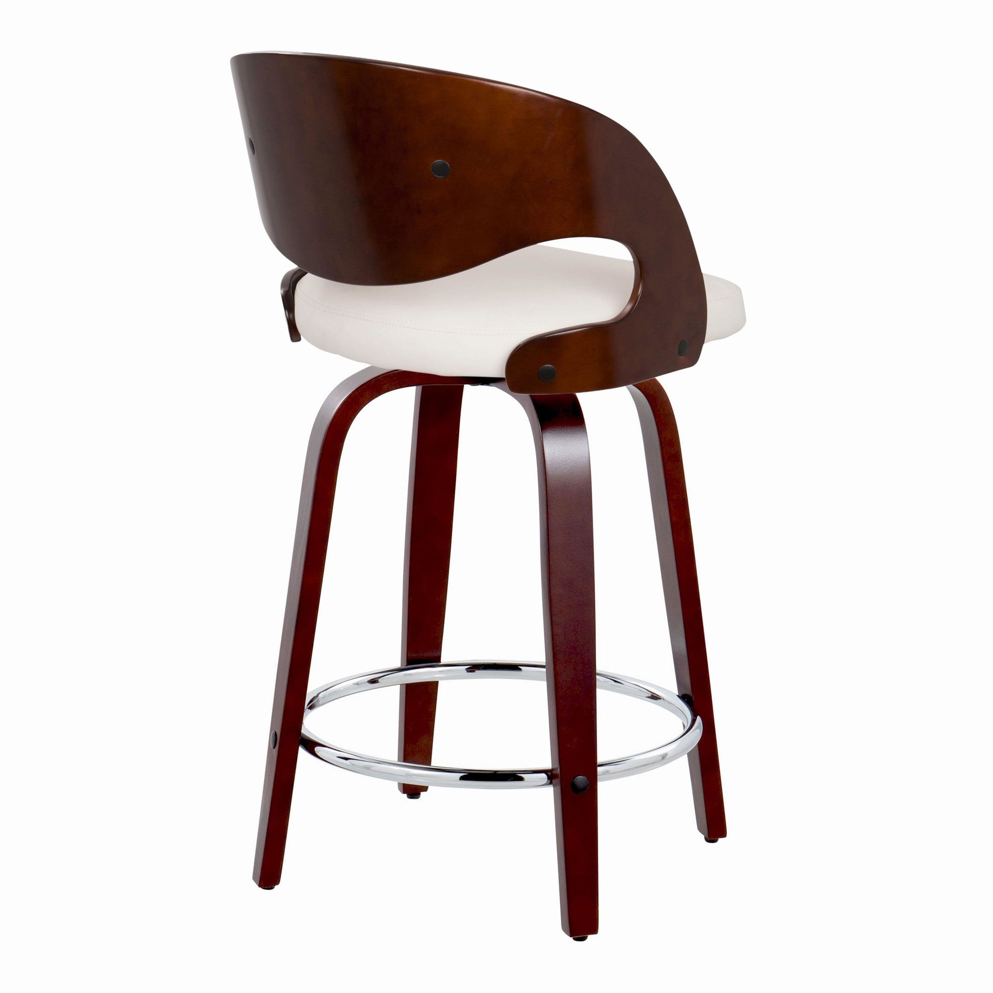 Pino 24" Fixed-Height Barstool - Set of 2 - Mahogany Wood, White PU, Chrome Metal