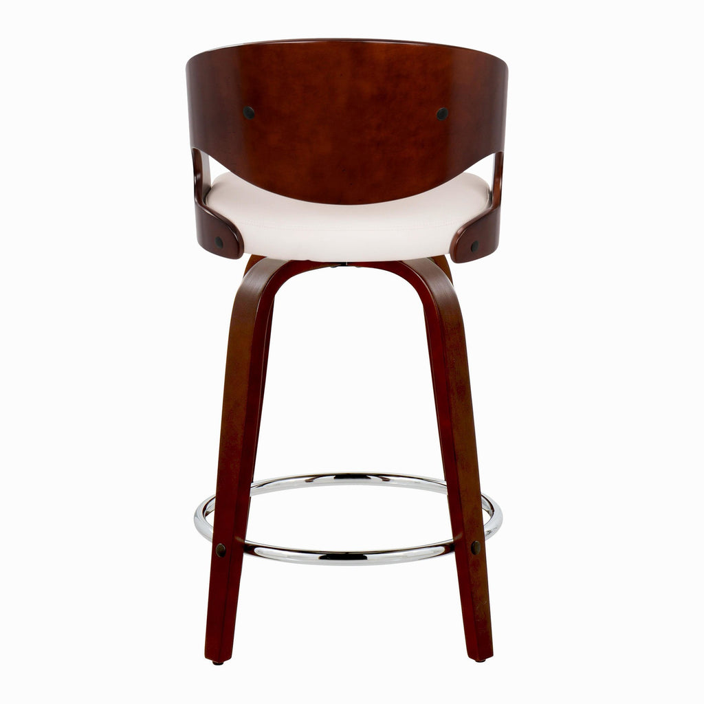 Pino 24" Fixed-Height Barstool - Set of 2 - Mahogany Wood, White PU, Chrome Metal