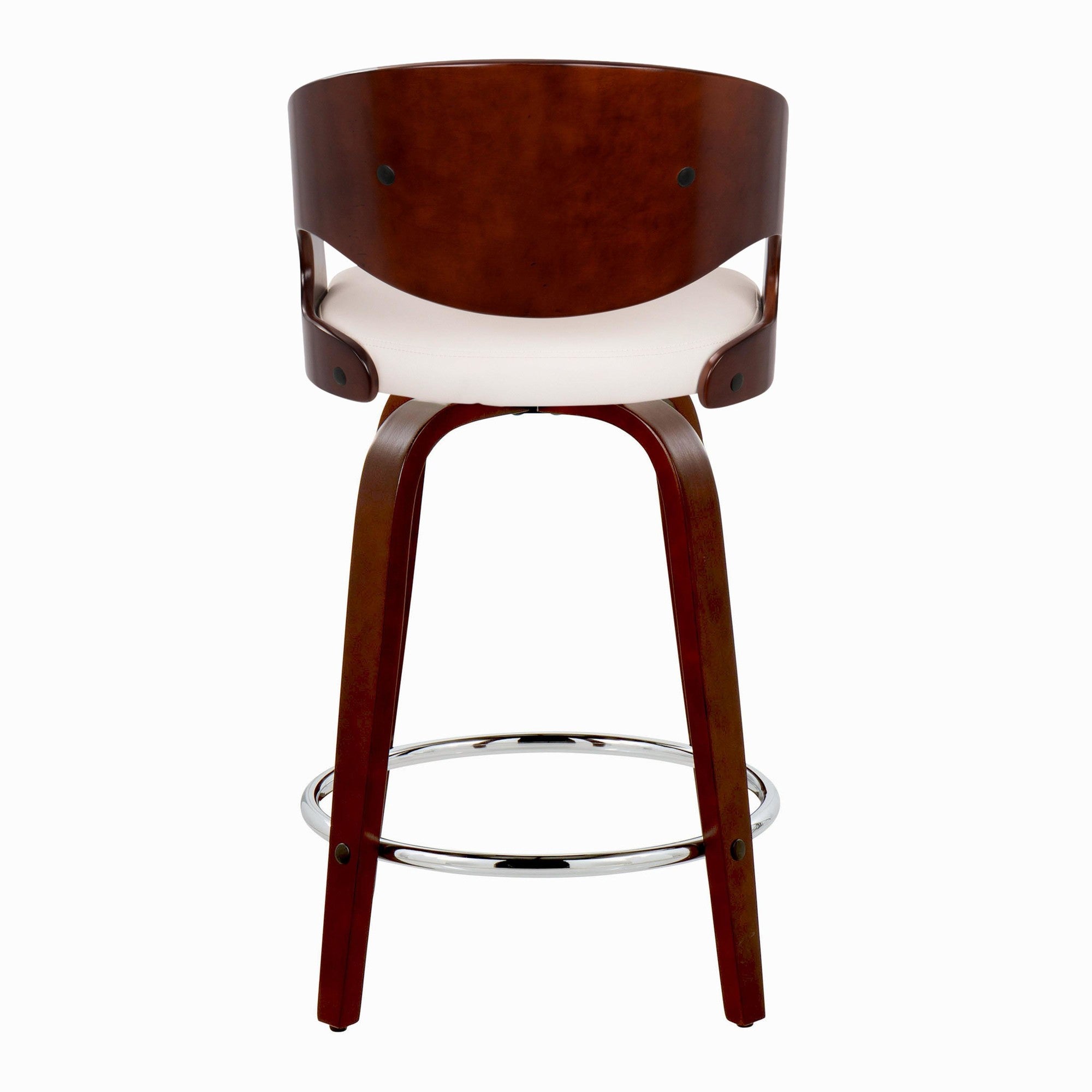 Pino 24" Fixed-Height Barstool - Set of 2 - Mahogany Wood, White PU, Chrome Metal