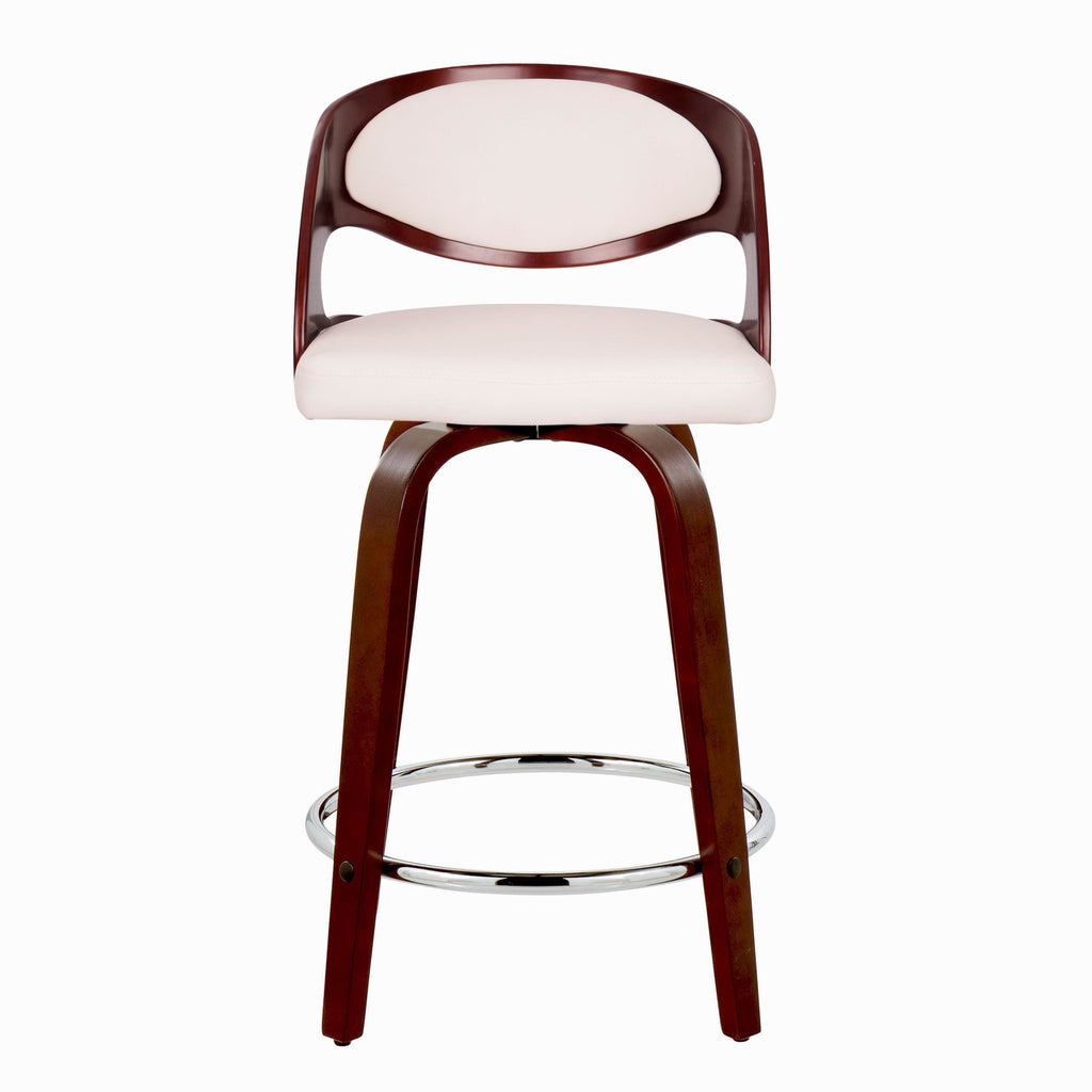 Pino 24" Fixed-Height Barstool - Set of 2 - Mahogany Wood, White PU, Chrome Metal